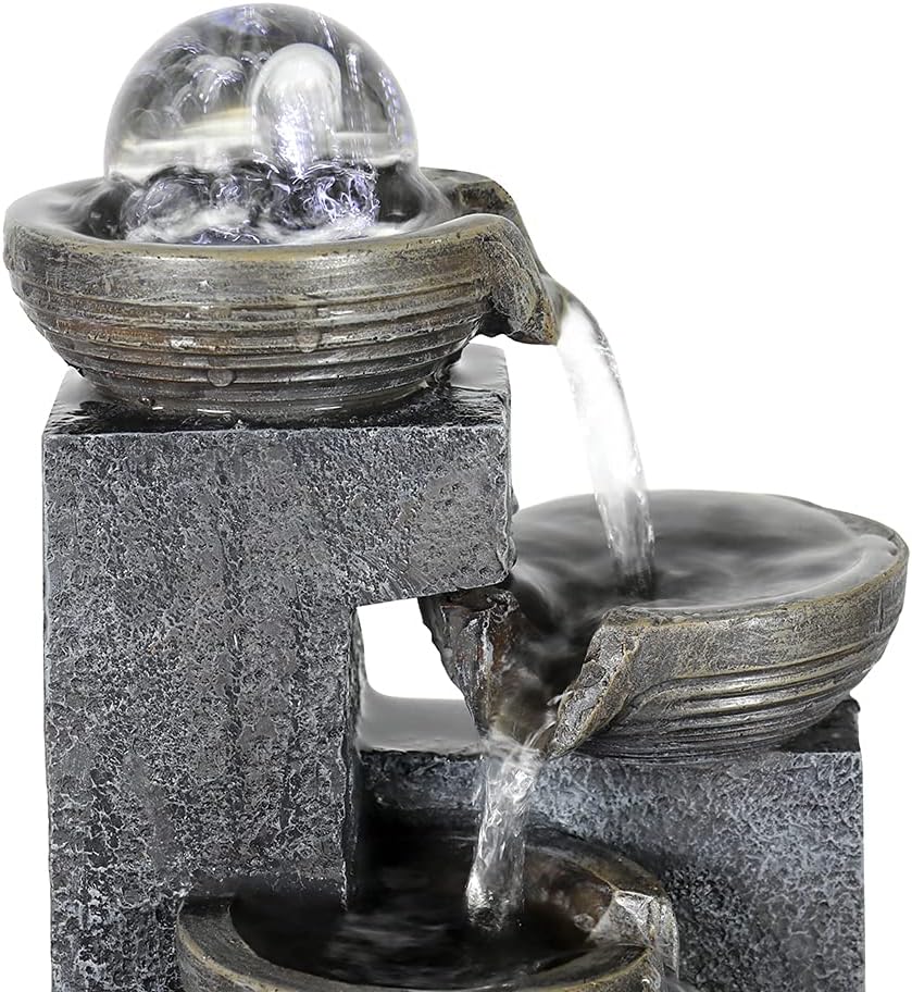 Xpiyaer Indoor Cascading Tabletop Water Fountain with LED Light and Crystal Ball - 11.8-inch High 4-Tier Zen Waterfall Fountain for Home Office and End Table Decoration (11.8" high, Grey) : Home & Kitchen