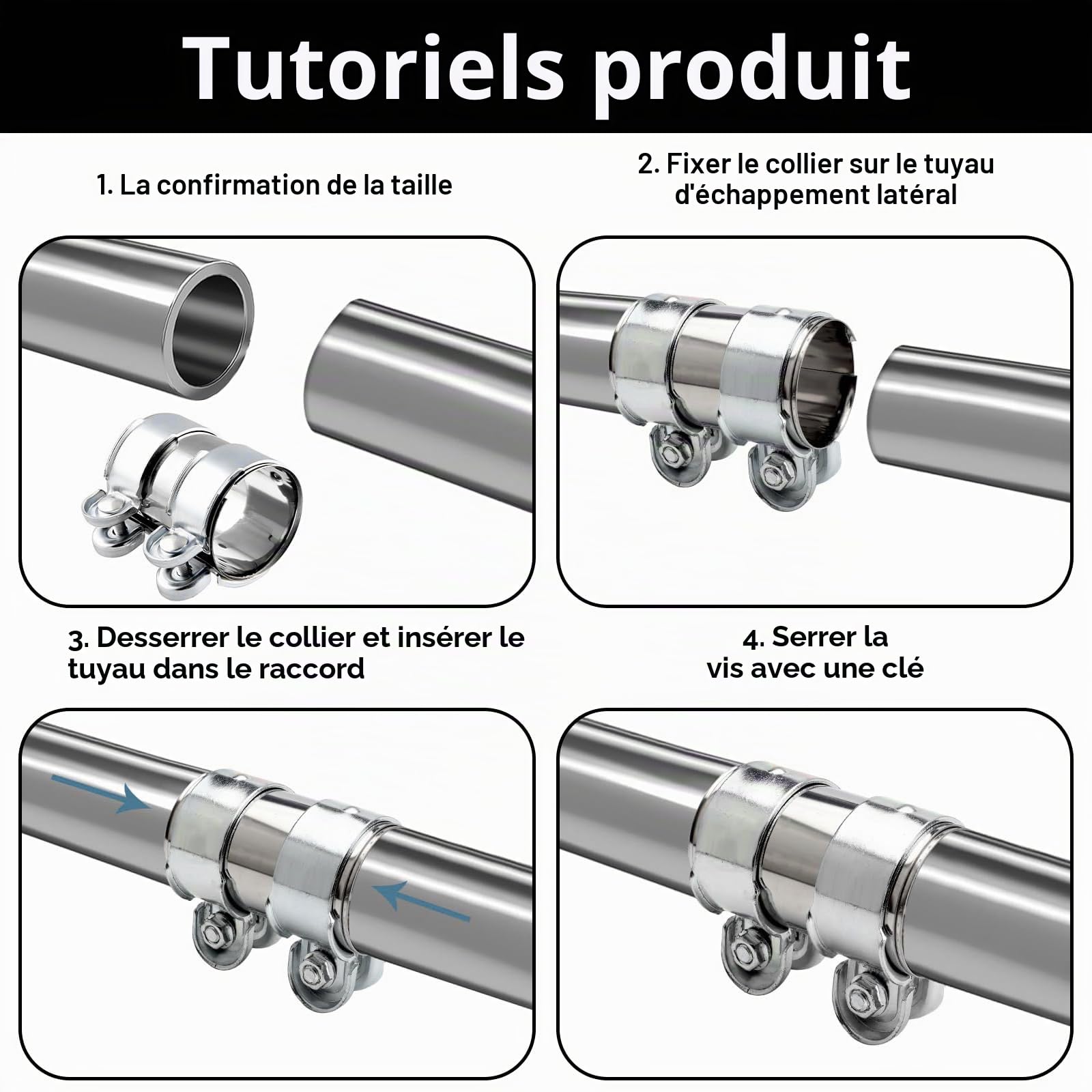Collier Manchon Raccord Echappement, 65 X 95mm Borne de Tuyau D'échappement Diamètre, Raccord de Tuyau D'échappement, Bande Tuyau Silencieux D'échappement en Acier Inoxydable, pour Bateaux