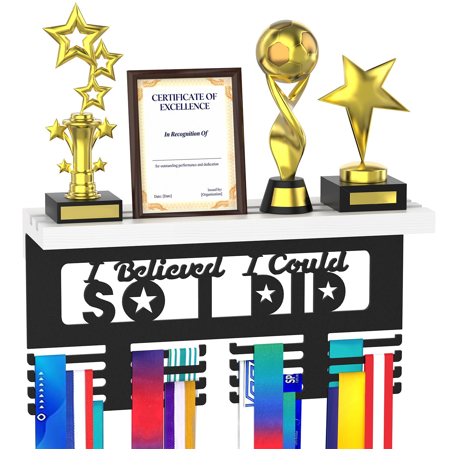 Medal Holder Display Trophy Shelf Organizer, Sturdy Wooden Race Award Hanger Rack with 25 Steel Hooks, Wall Mount Storage Stand for Sports Fans, Cheer Success
