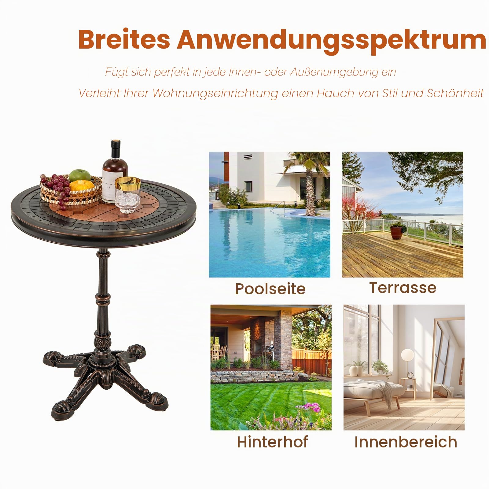 KOMFOTTEU Runder Gartentisch aus Aluminiumguss, Balkontisch mit Schiefer-Textur & Patchwork, Terrassentisch Vintage-Stil, φ60,5 x 73 cm