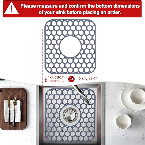 Miniatura 129 de Paquete de 2 tapetes de silicona para fregadero de 13.58 x 11.6 pulgadas, protectores para fregadero de cocina con drenaje central, rejilla Gris