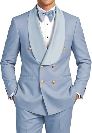 Mens Tuxedo Suit Satin Shawl Lapel Slim Fit 2 Piece Suits Double-Breasted Blazer Pants for Formal Wedding Prom