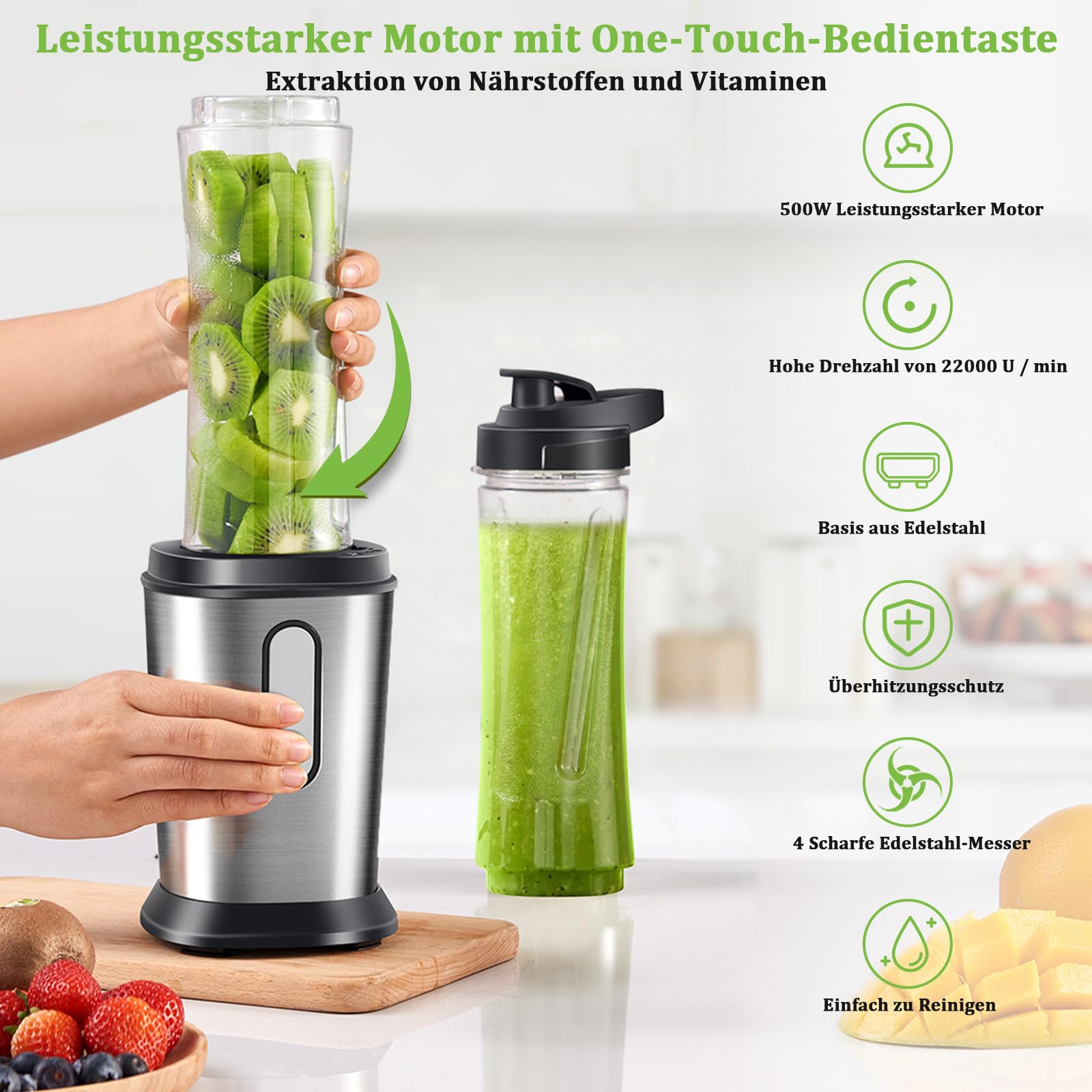 Mixer, 500W Mini Standmixer & Smoothie Maker mit 2x600ml Flaschen BPA frei Tritan, Tragbarer Mixer Smoothie Maker aus Edelstahl 4-Blatt für Shake, Smoothie, Silber (Silber)