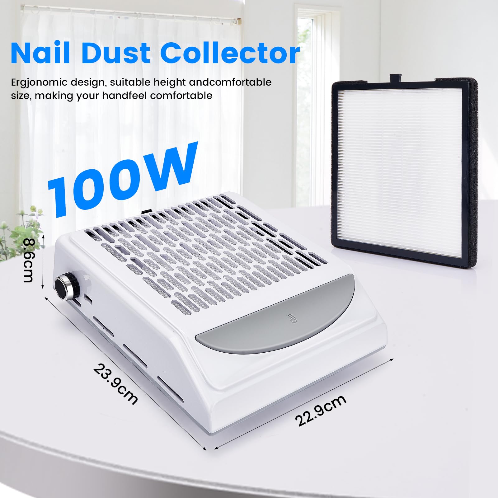 100W Aspirador UñAs Profesional, Con Filtro Aspirador UñAs, Velocidad Regulable Aspirador Manicura, Para Salones De Manicura, Manicura, Grabado, Pulido (Blanco)