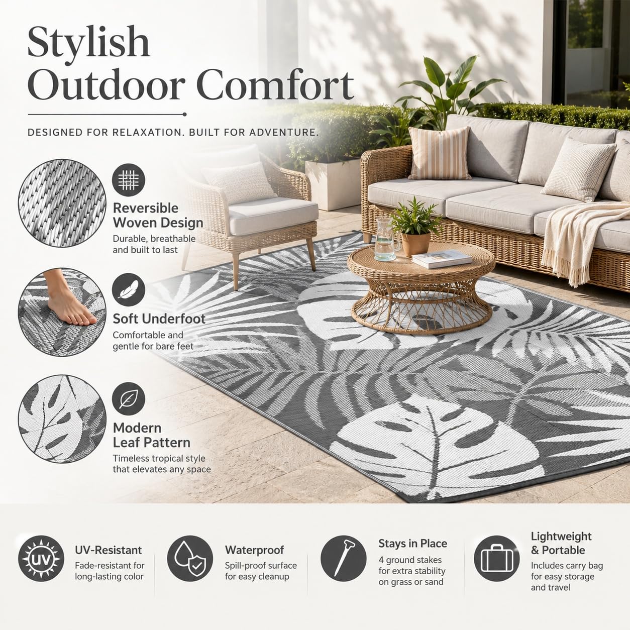 Hixingo Tappeto da Esterno Impermeabile (Bianco,152 * 244cm) | Grande in Plastica Tappeto da Giardino Reversibile Leggero Resistente ai Raggi UV Pieghevole Tappetino per Patio Balcone