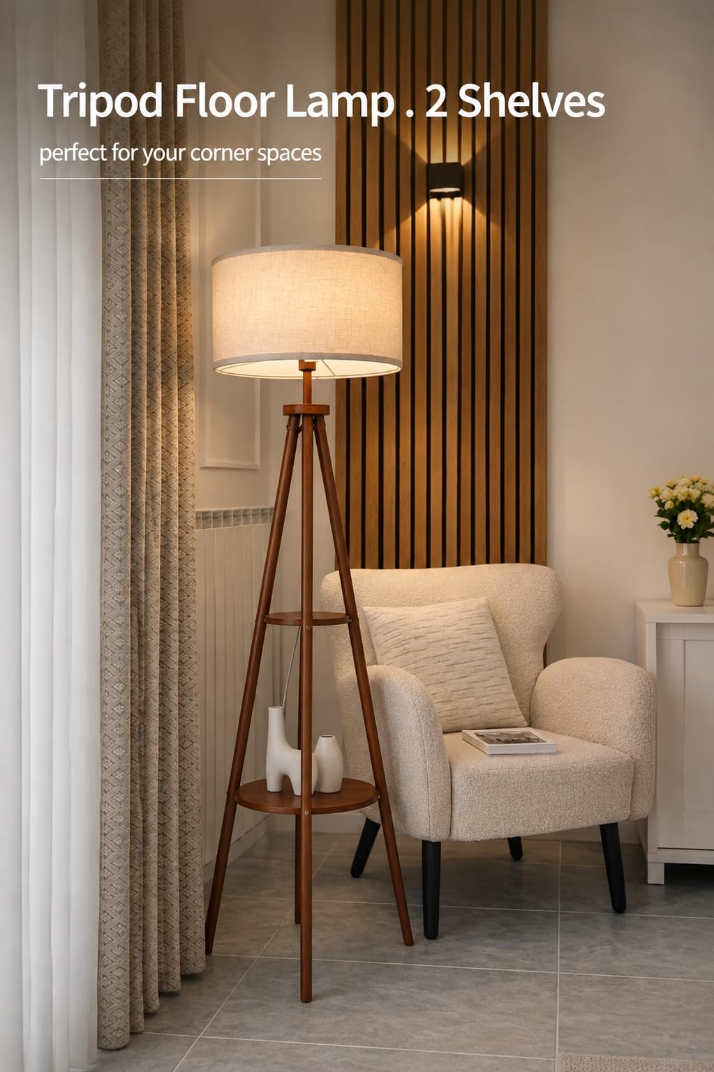 Lampa podłogowa statyw z abażurem lnianym, podwójne półki do salonu, bez żarówki
