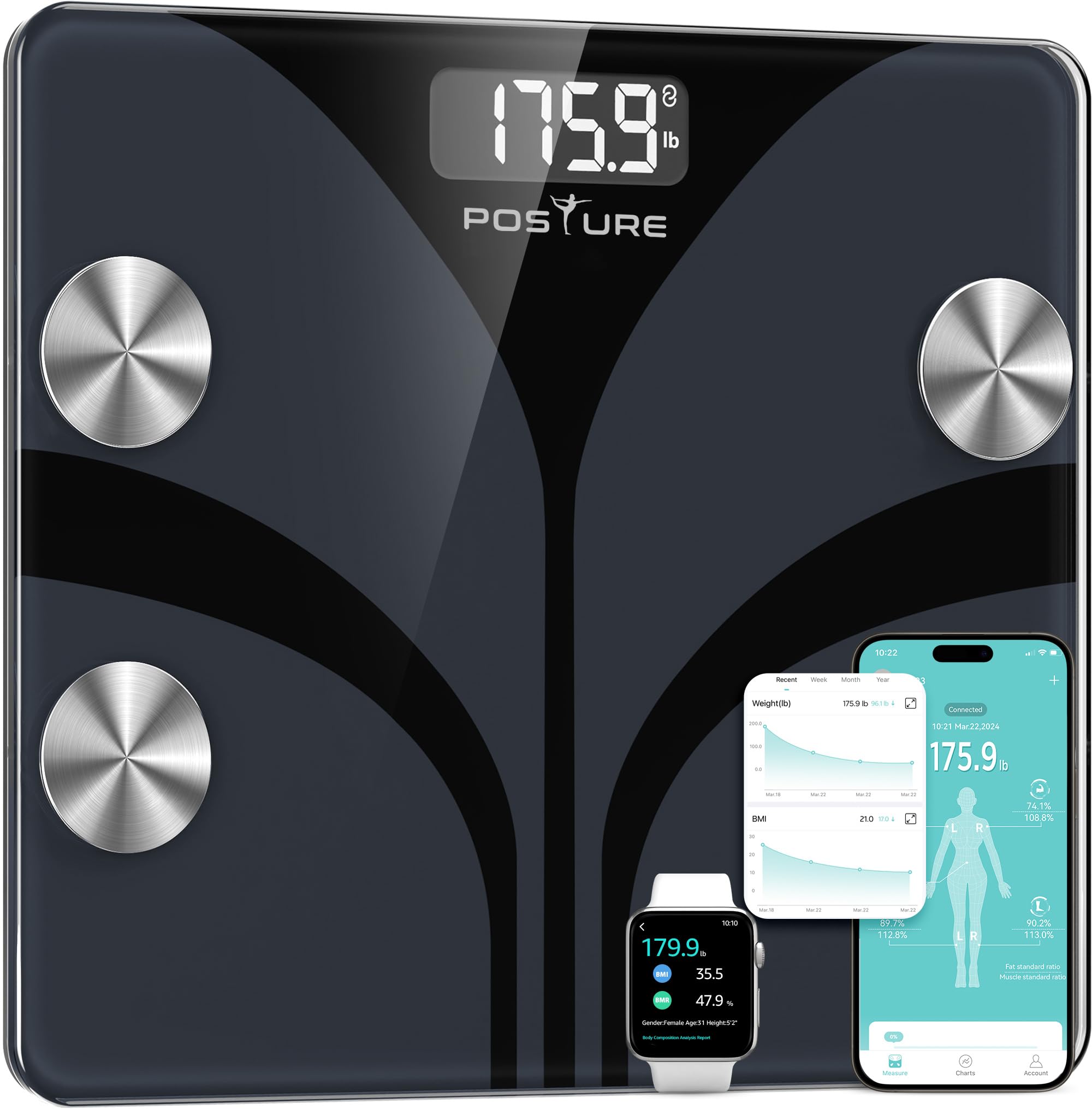 Scale for Body Weight, Digital Bathroom Smart Scale, 13 Body Composition Analyzer Sync Weight Scale BMI Health Monitor Sync Apps 400lbs - Black
