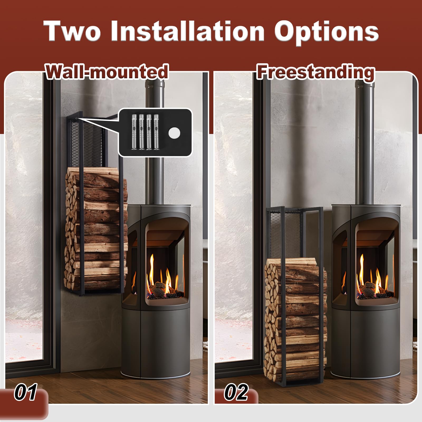 Metall Kaminholzregal Innen mit Rückwand, Wand Brennholzregal Innen 100 cm Kaminholzständer Feuerholzregal Schwarz für Kaminholz Brennholz, Kaminholzhalter Kaminholzlager innen & außen