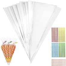 Pack of 100 Sweet Bags, 25 x 13 cm, Candy Bar Cone, Cellophane Bags with 100 Twist Ties, Gift Bags for Chocolate, Sweets, Biscuits