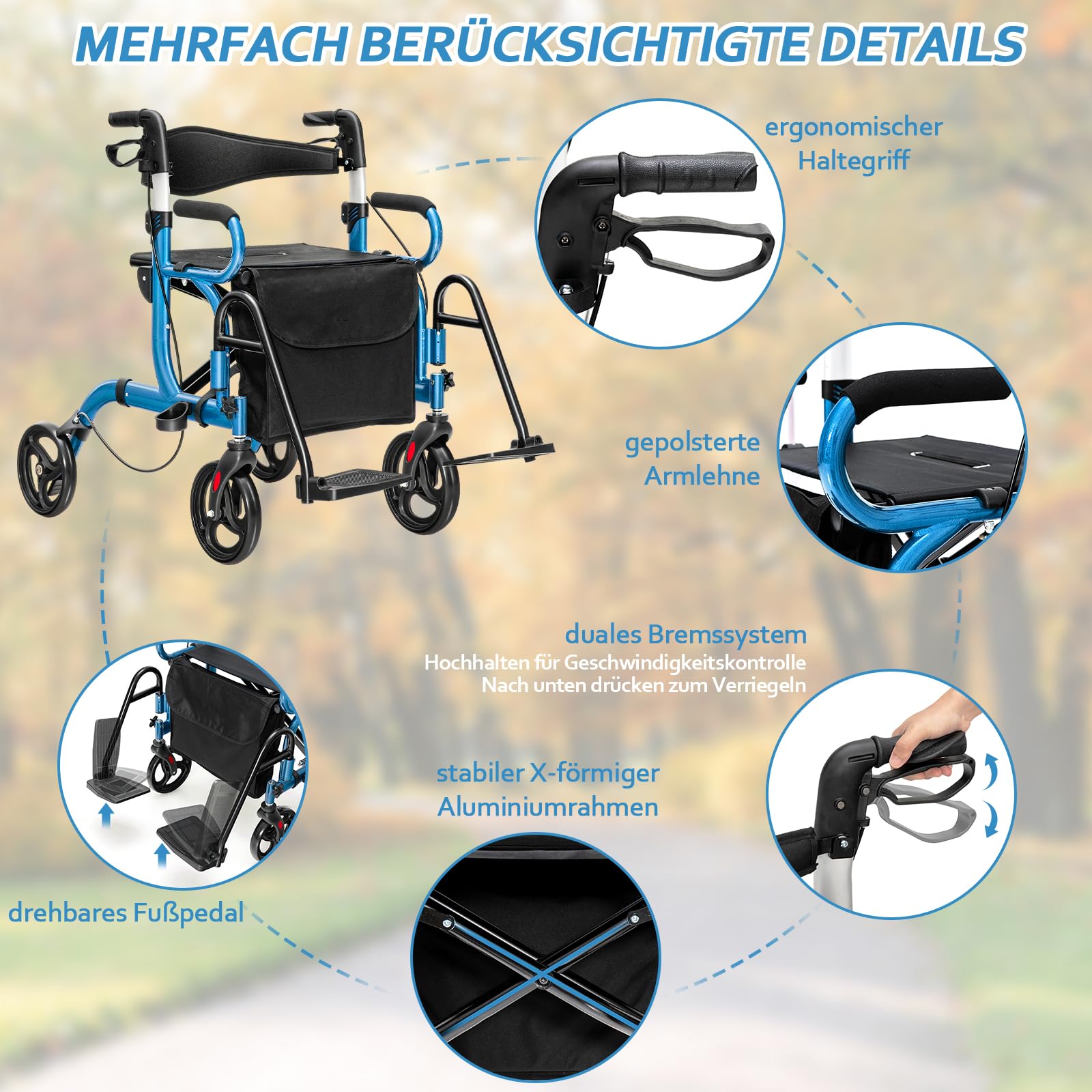 GOPLUS Składany rollator 2 w 1, pomoc w chodzeniu z regulacją wysokości, oparciem, siedziskiem i torbą, pomoc w chodzeniu, lekki chodzik z aluminium do 160 kg, składany wózek inwalidzki, rollator