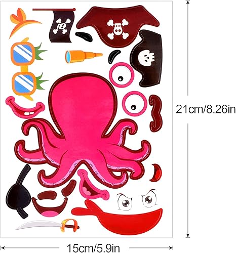 Miniatura 2 de Konsait 24 hojas de calcomanías decorativas para niños, diseño de pirata, para mezclar y combinar con tiburón, loro Jake, capitán, regalos de fiesta