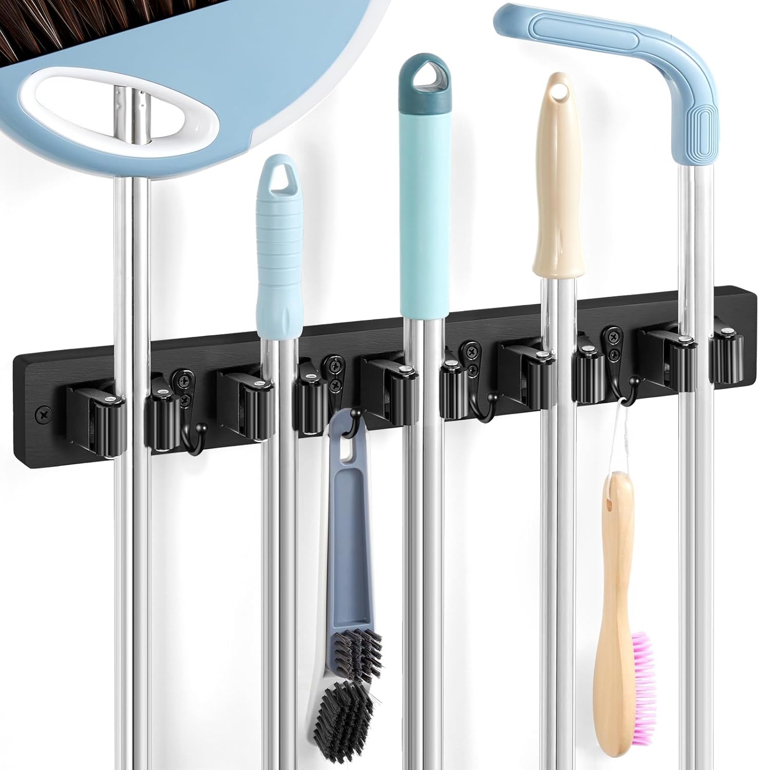 Black Broom Holder Wall Mount – Heavy Duty Wood Mop and Broom Organizer with 5 Slots & 4 Hooks – Sturdy Garden Tool Hanger for Laundry Room Closet Kitchen Garage Storage and Organization