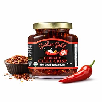 Garlic Gold Organic Extra Spicy Crunchy Chili Crisp | Olive Oil Infused with Garlic & Chili | USDA Organic, Gluten-Free, Keto-Friendly 6.4 oz