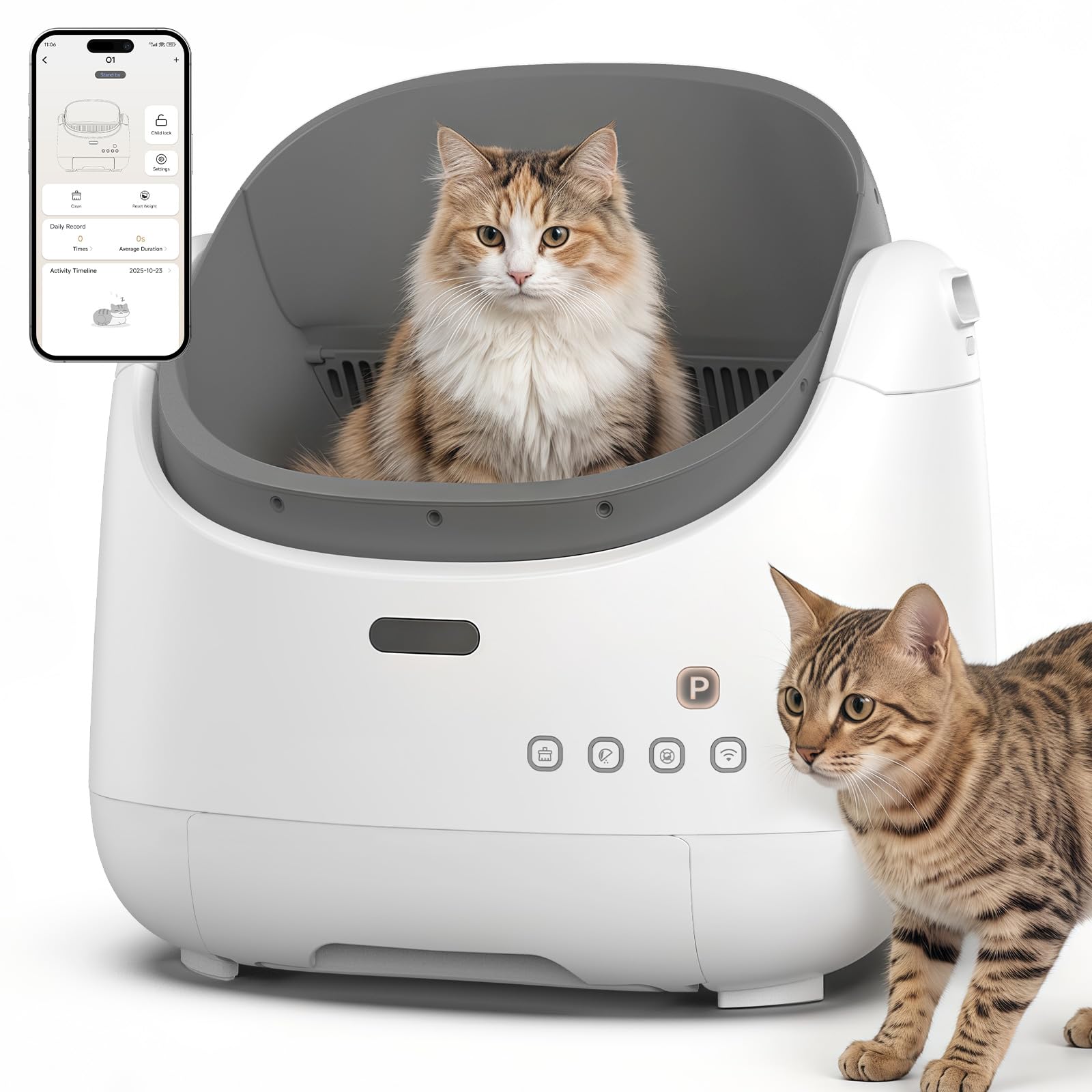 Self Cleaning Litter Box, Open Top Automatic Litter Box with App Control, Anti-Pinch 100L Large Auto Robot for Multiple Cats, Cat Proximity Sensing, Including Litter Mat Waste Bag