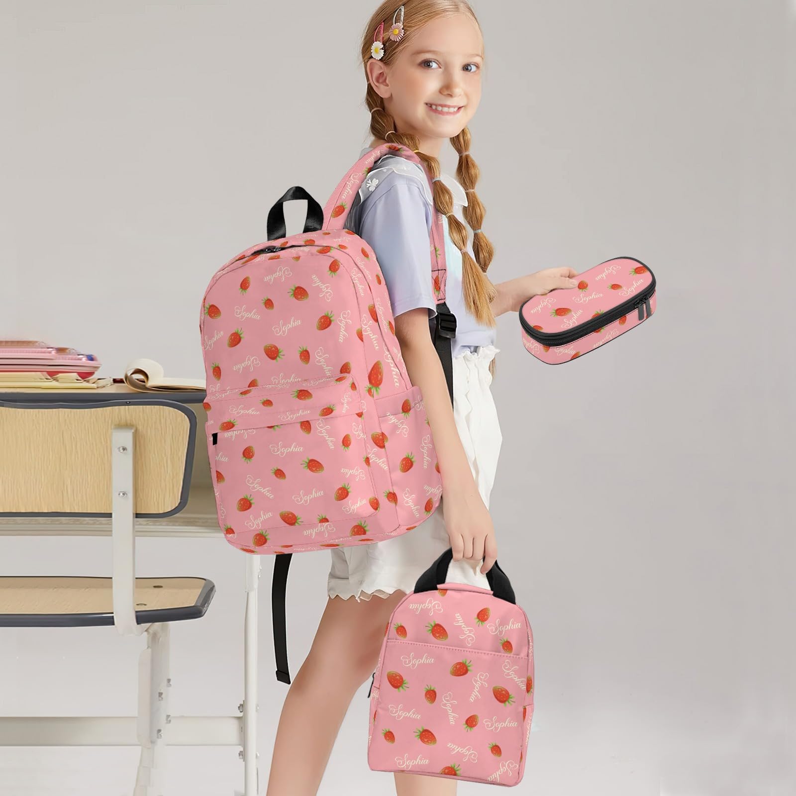 Personalized Strawberry Backpack for School, Cute Fruit Pattern Printed Kids School Bag Pink Bookbag Backpack Set with Lunch Bag Pencil Case