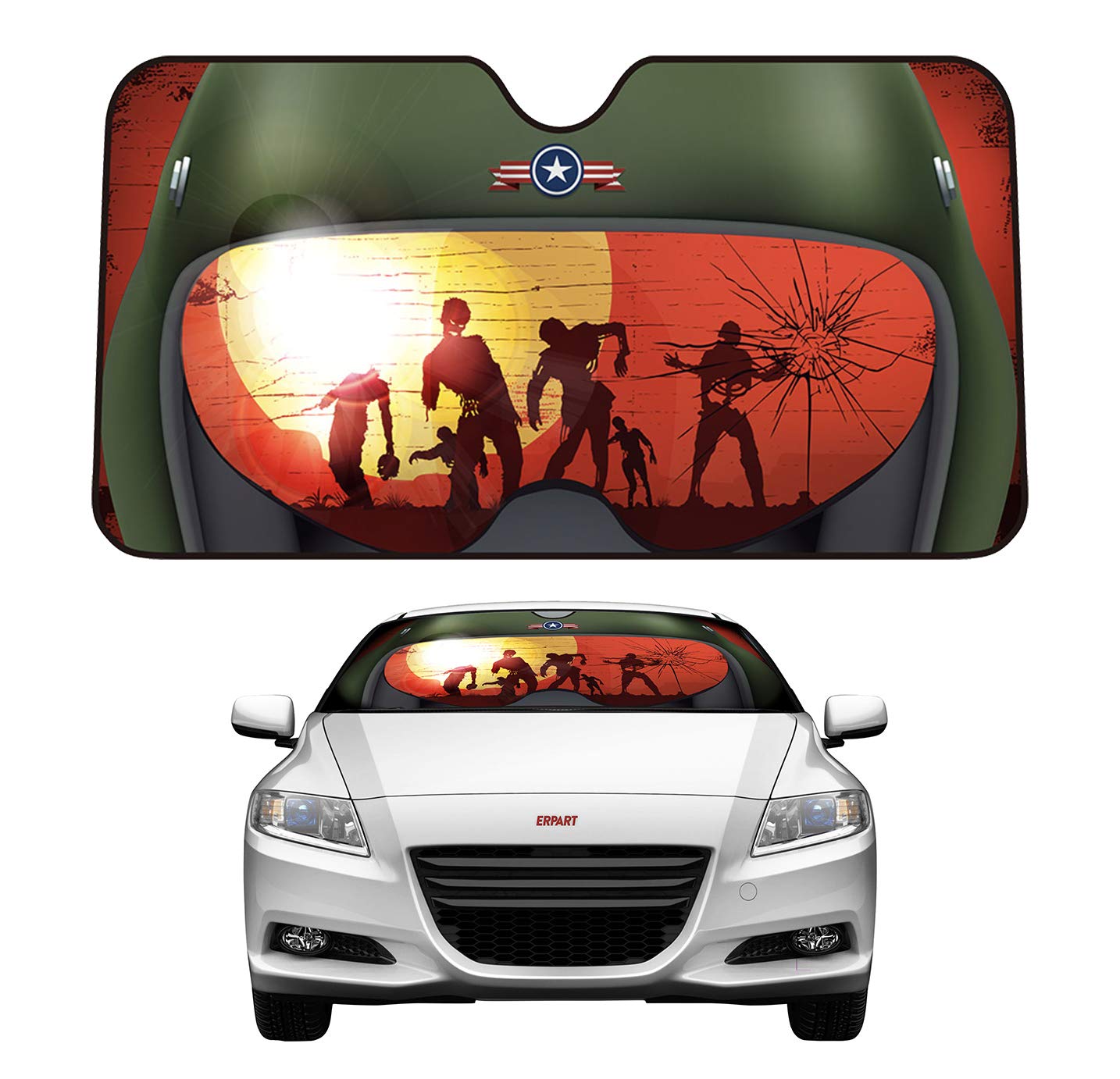 ERPART Zombie Dawn Helmet Reflective Double Sided Sunshade for Car Truck SUV Front Windshield Window Reversible Sun Shade Universal 24x58 inches