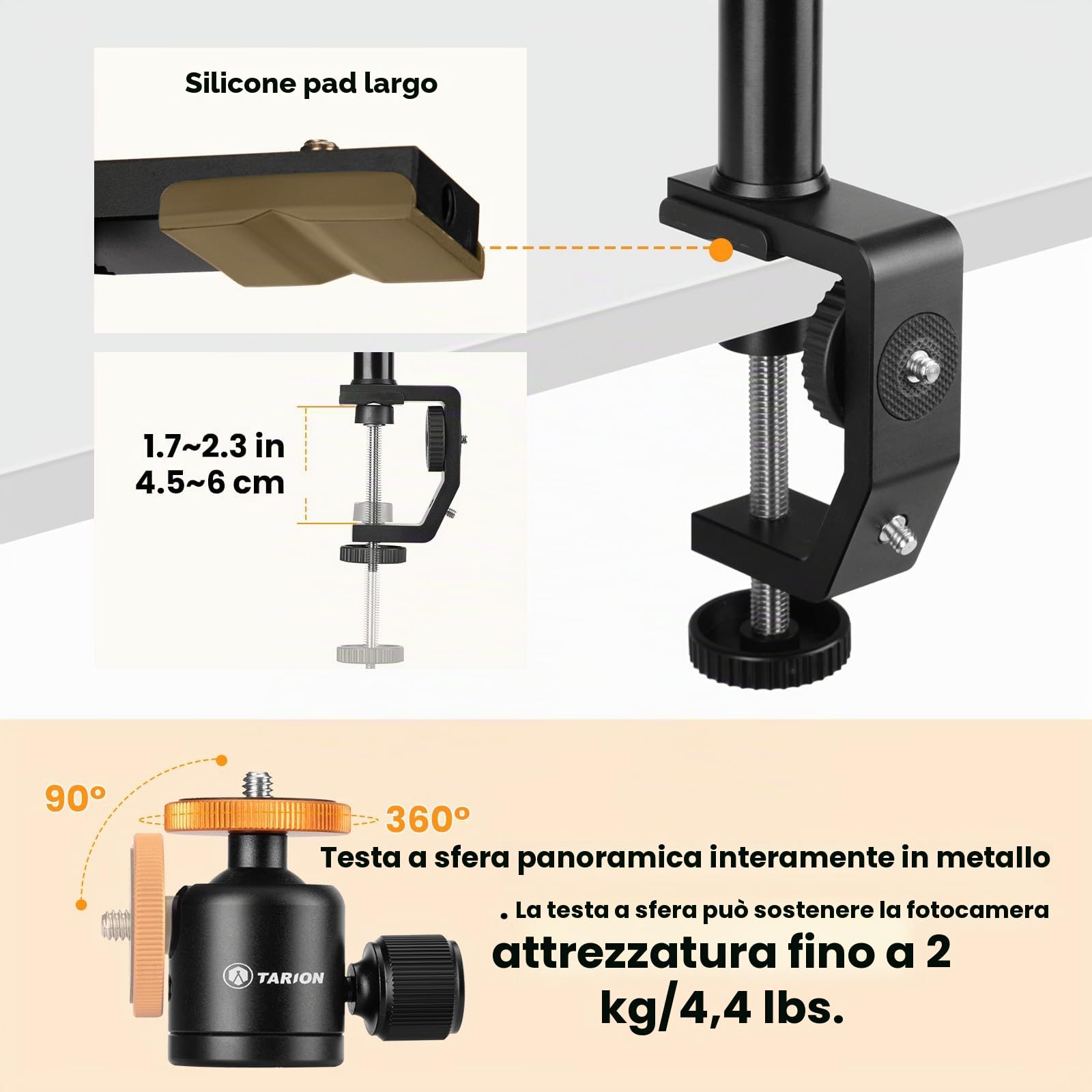 TARION C Supporto a morsetto Supporto da scrivania per fotocamera con testa a sfera e asta di prolunga regolabile da 33-60 cm per Vlogging Live Stream Photo Studio Light Photography Filming(TR-CS)