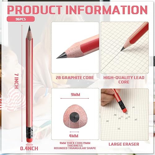 Miniatura 8 de 96 lápices jumbo, grandes, grasos, gruesos, de agarre triangular, 2B, repuesto con borrador, lápiz grande de 7 pulgadas para niños, principiantes,
