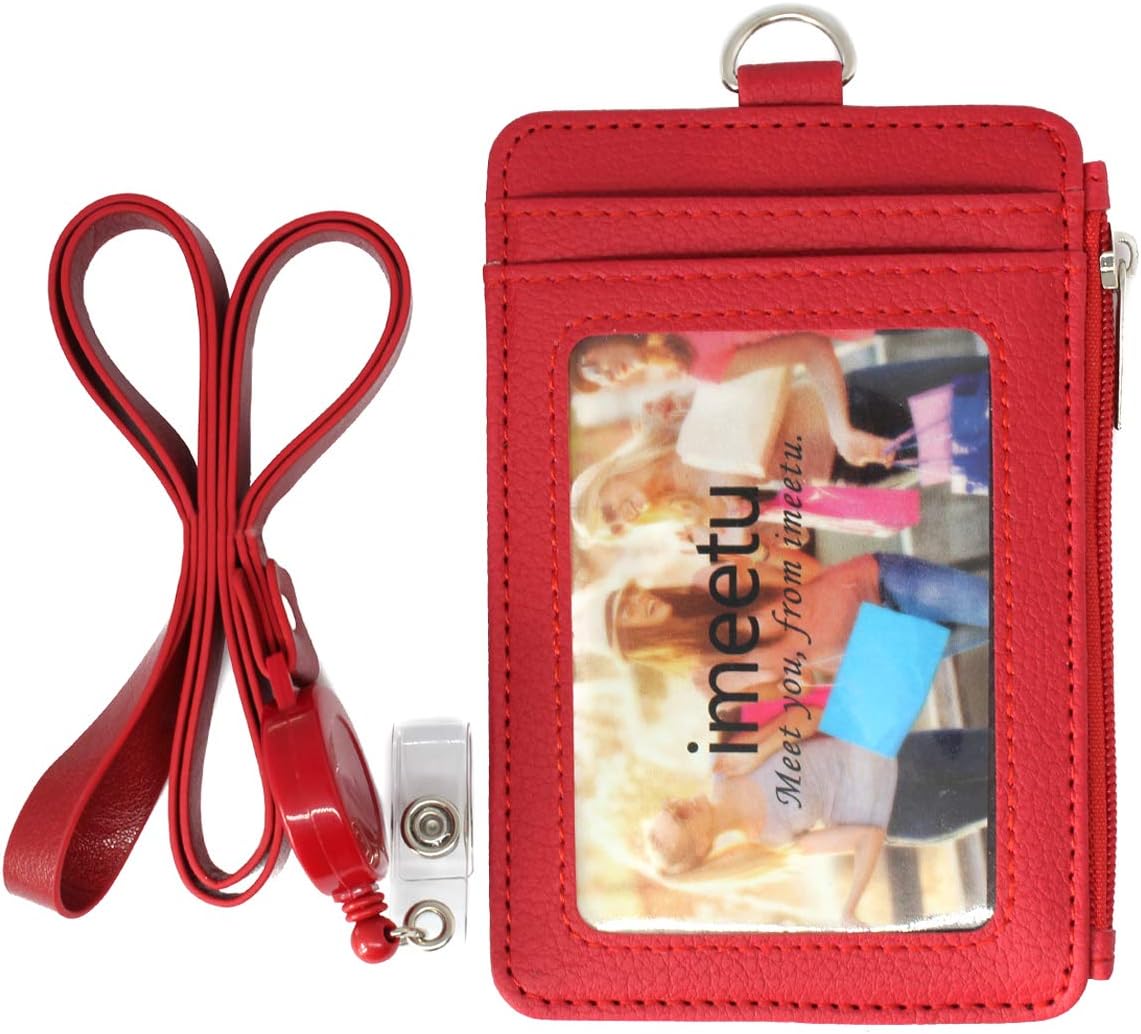 imeetu Leather Badge Holder ID Card Holder with 1 Zipper Pocket and Retractable Reel(Red)