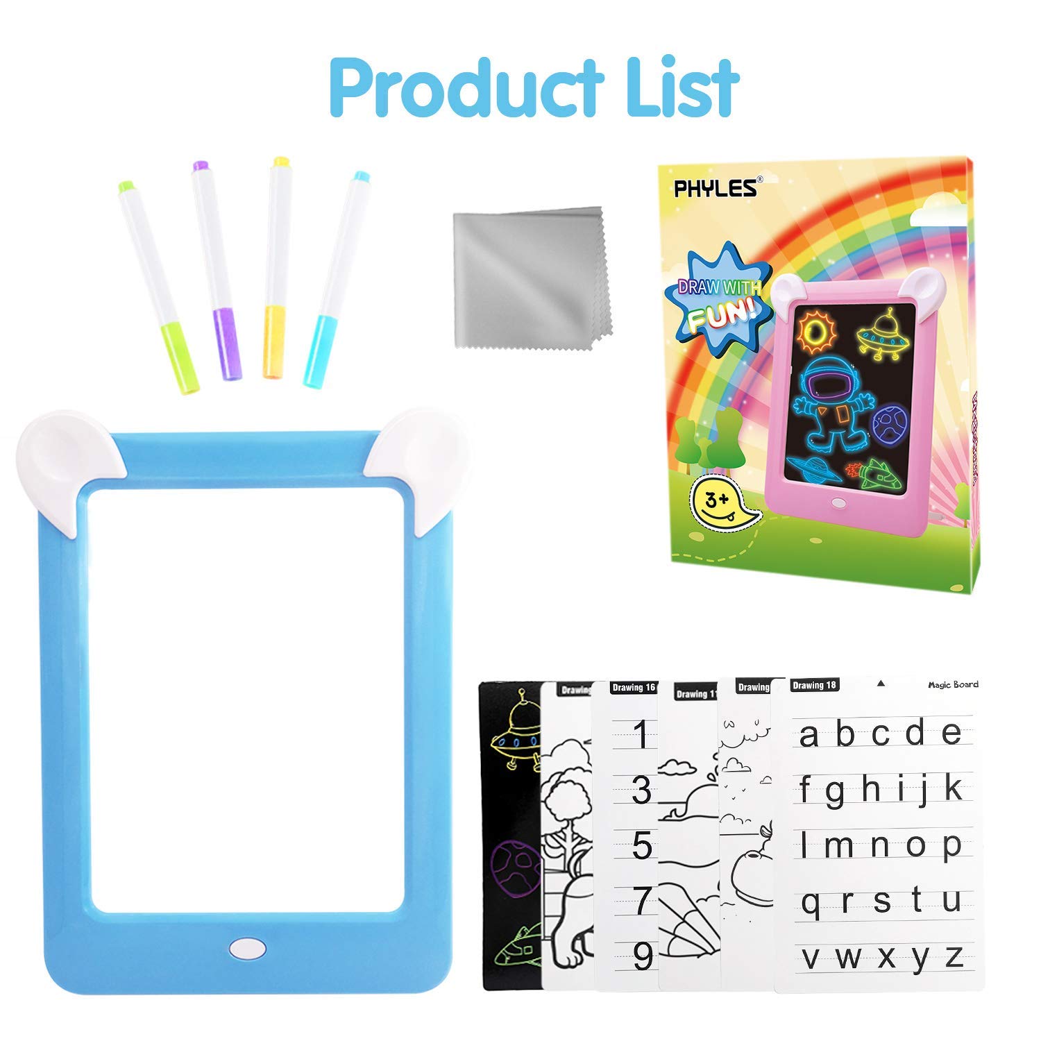 PHYLES Tableau Magique, Ardoise Magique pour Enfant, Tableau Magique Lumineuse Bebe Dessin Multifonction avec 8 Effets Lumineux - Loisir Créatif Jouet Educatif pour Votre Petit Artiste (Blue)
