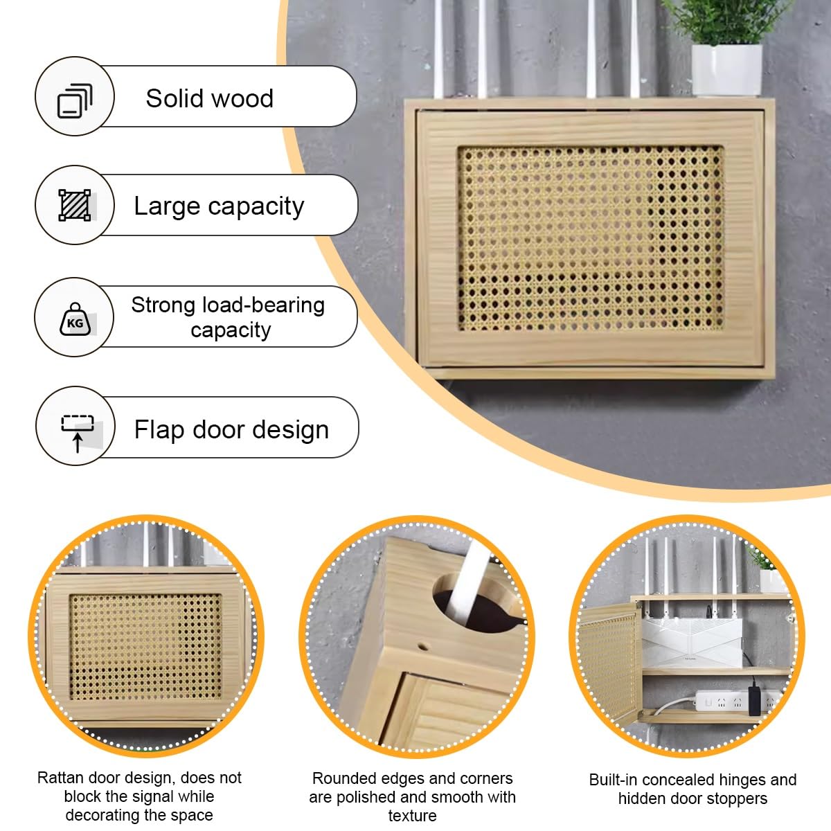 Étagère murale en bois pour routeur WiFi, design rotin, pour la maison et le bureau, solution de rangement peu encombrante, accès facile, construction durable