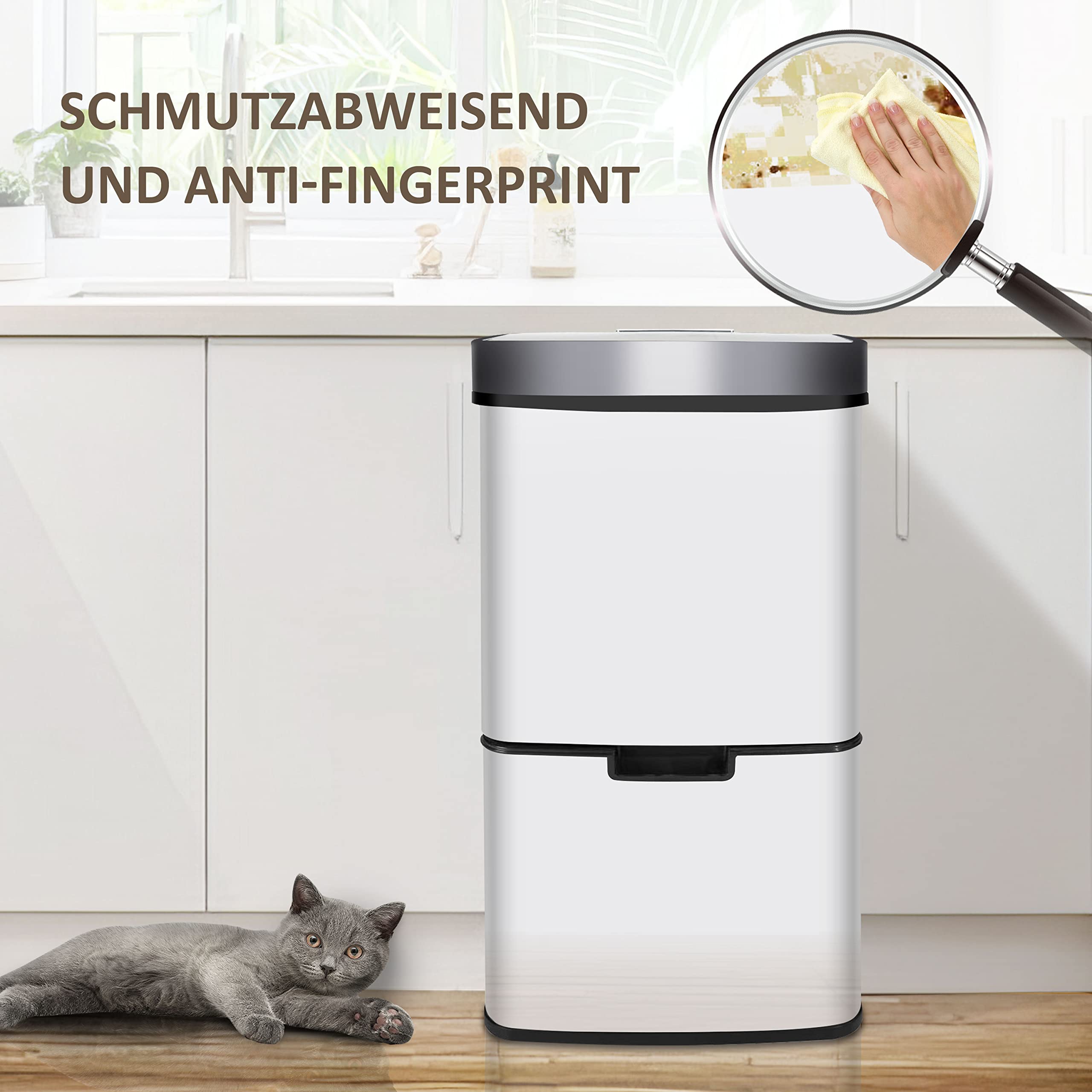Ribelli Ze stali nierdzewnej – systemy segregacji śmieci z 3 + 1 przegródkami – kosz na śmieci z czujnikiem – 72 l (2 x 12 + 1 x 48 l) – designerski kosz na śmieci ze stali nierdzewnej – biały