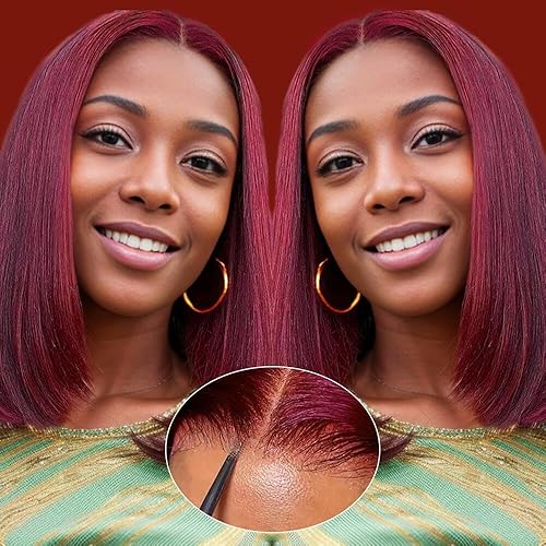 99J Burgundy Bob Wig Human Hair 12 Inch 5x5 HD Lace Front Glueless Wigs Human Hair Pre Plucked Pre Cut 180% Density Short Straight Bob Wigs for Black Women