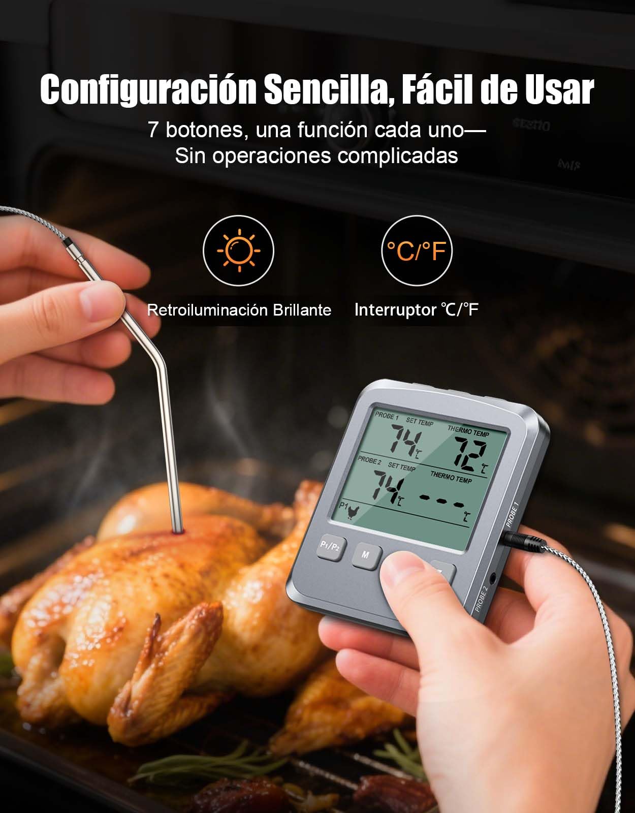 CIRYCASE Termómetro Cocina con 102cm Doble Sonda, Termometro Horno Digital para Cuisine, Comida, Barbacoa, Liquidos y Aceite, Doméstico Termómetro Carne con Gran Pantalla LCD & Alarma - ℃/℉ Conmutable