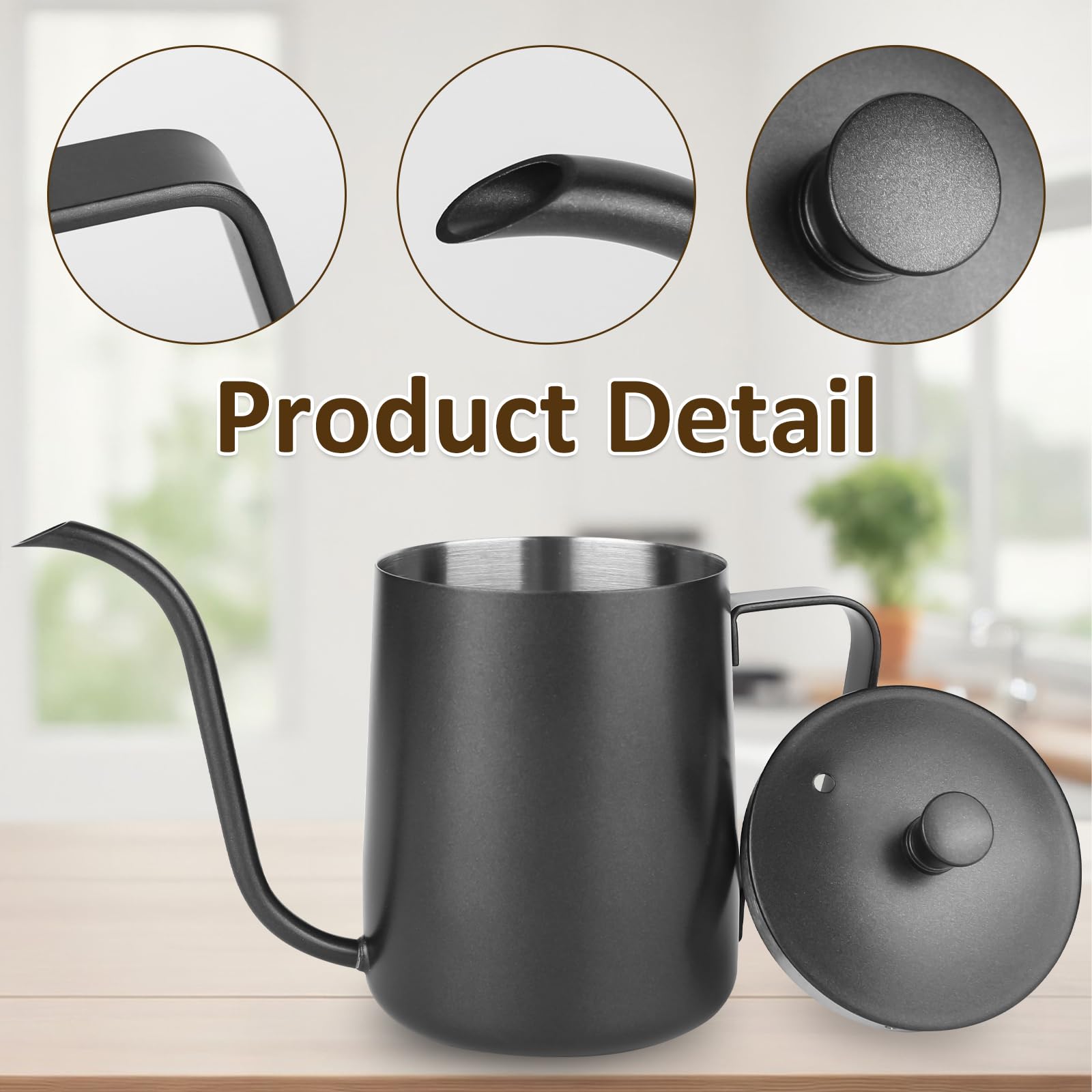 Annaffiatoio per piante da interno, in acciaio inox, con beccuccio lungo, colore nero, 300 ml, annaffiatoio per piante da giardino