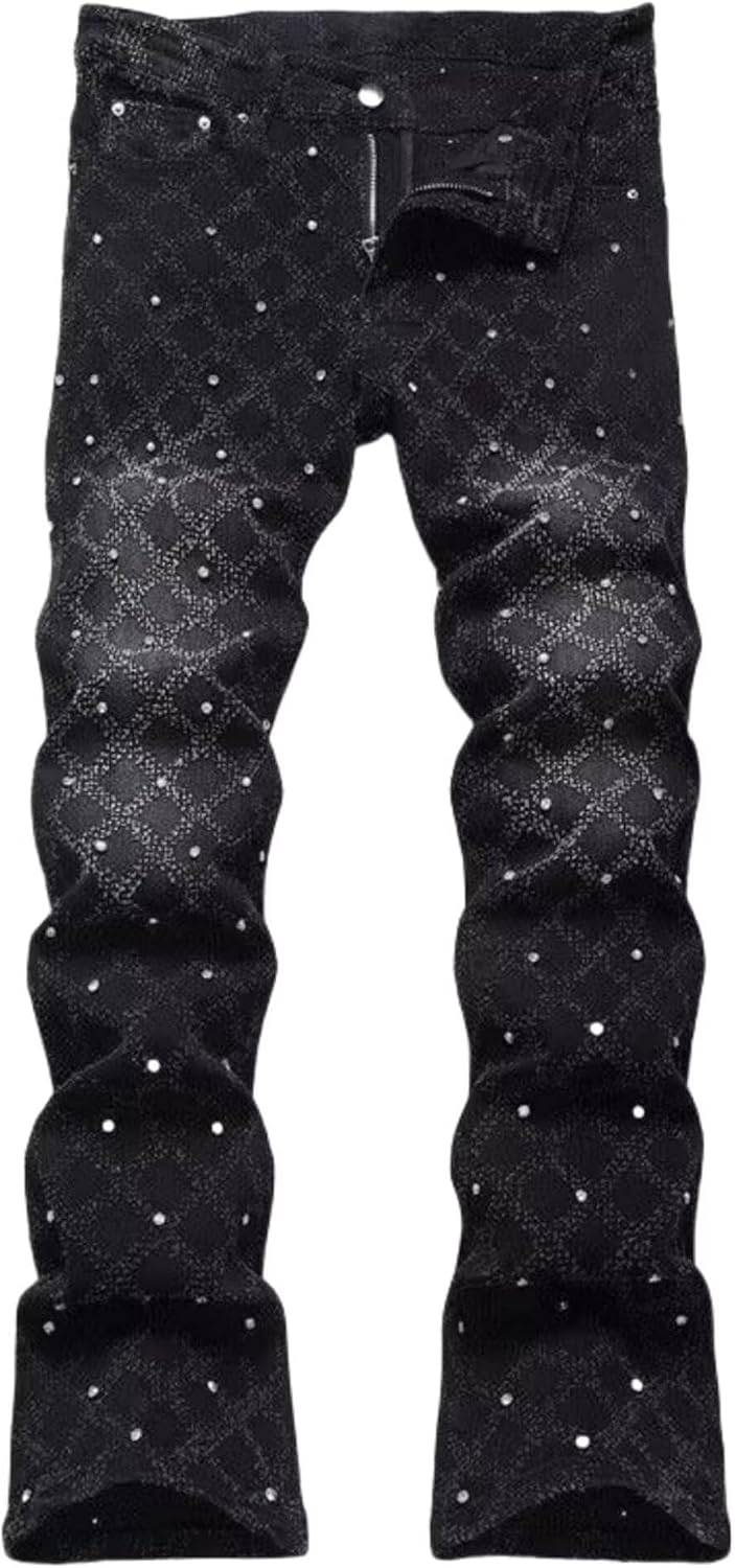 FCOOLYEET Mens Slim Fit Stacked Rhinestone Jeans Destroyed Straight Denim Pants Black Ripped Jeans for Men