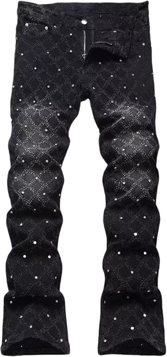 FCOOLYEET Mens Slim Fit Stacked Rhinestone Jeans Destroyed Straight Denim Pants Black Ripped Jeans for Men