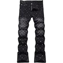 FCOOLYEET Mens Slim Fit Stacked Rhinestone Jeans Destroyed Straight Denim Pants Black Ripped Jeans for Men