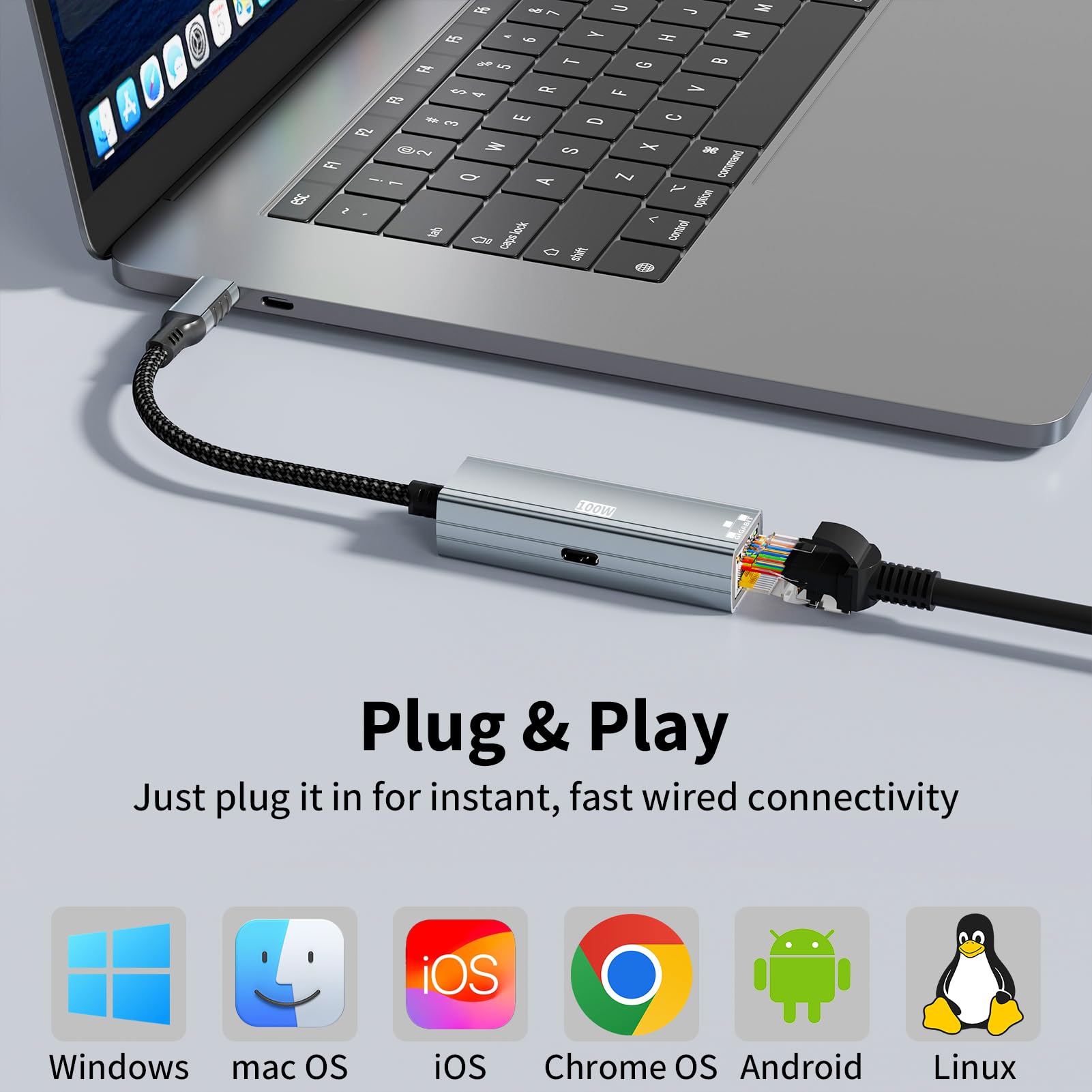 Adattatore Ethernet USB C 2 in 1 con Porta di Ricarica PD 100W, Gigabit 1Gbps, RJ45 a USB C Plug & Play per iPhone 17 16 15 MacBook iPad Laptop, Grigio