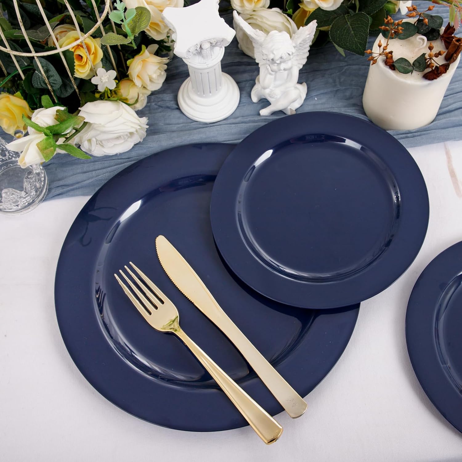 FLOWERCAT 100PCS Blue Plastic Plates - Heavy Duty Blue Disposable Plates for Possover Party/Wedding/Hanukkah - Include 50PCS 10.25inch Dinner and 50PCS 7.5inch Dessert/Salad Plates for 50 Guests - Image 4