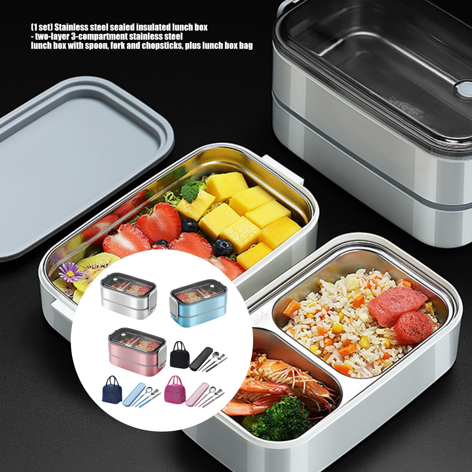Set contenitori per pranzo, scatola per pasti in acciaio a doppio strato, coperchio trasparente, custodia per utensili, borsa per trasporto, pasti organizzati, contenitore per alimenti in set la