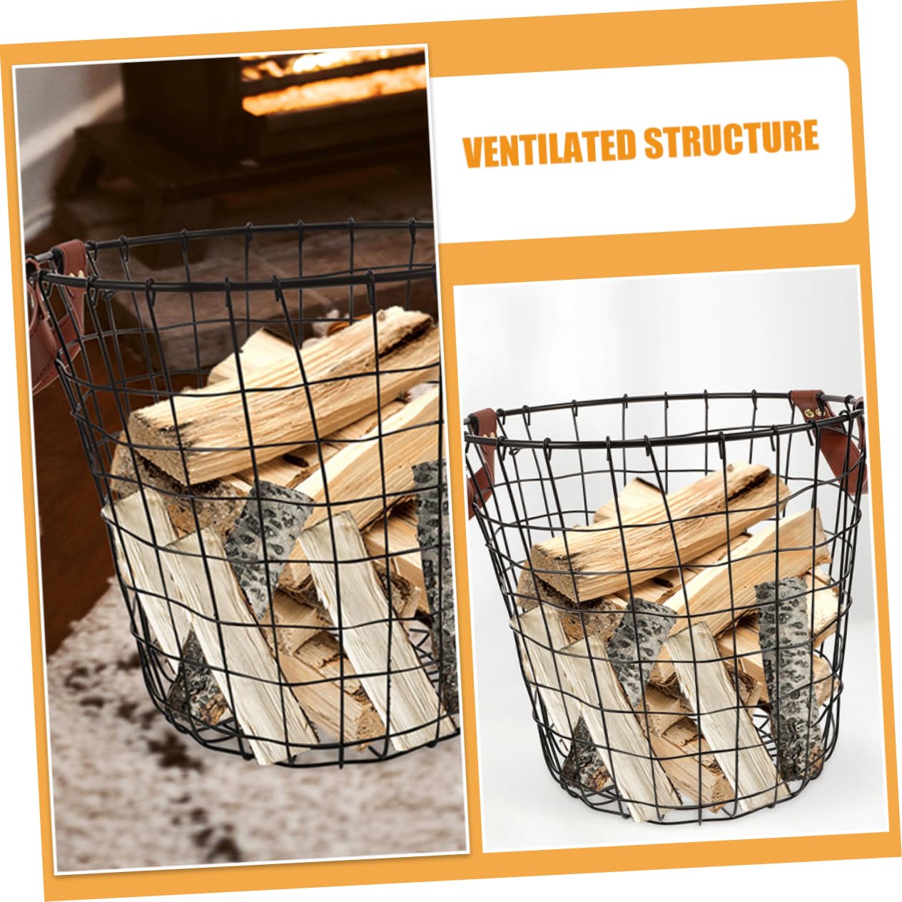 Cesta y Estructura Ventilada Rústica para Madera de Hierro Redonda con Gran Capacidad Adecuada para Camping y Uso en Interiores