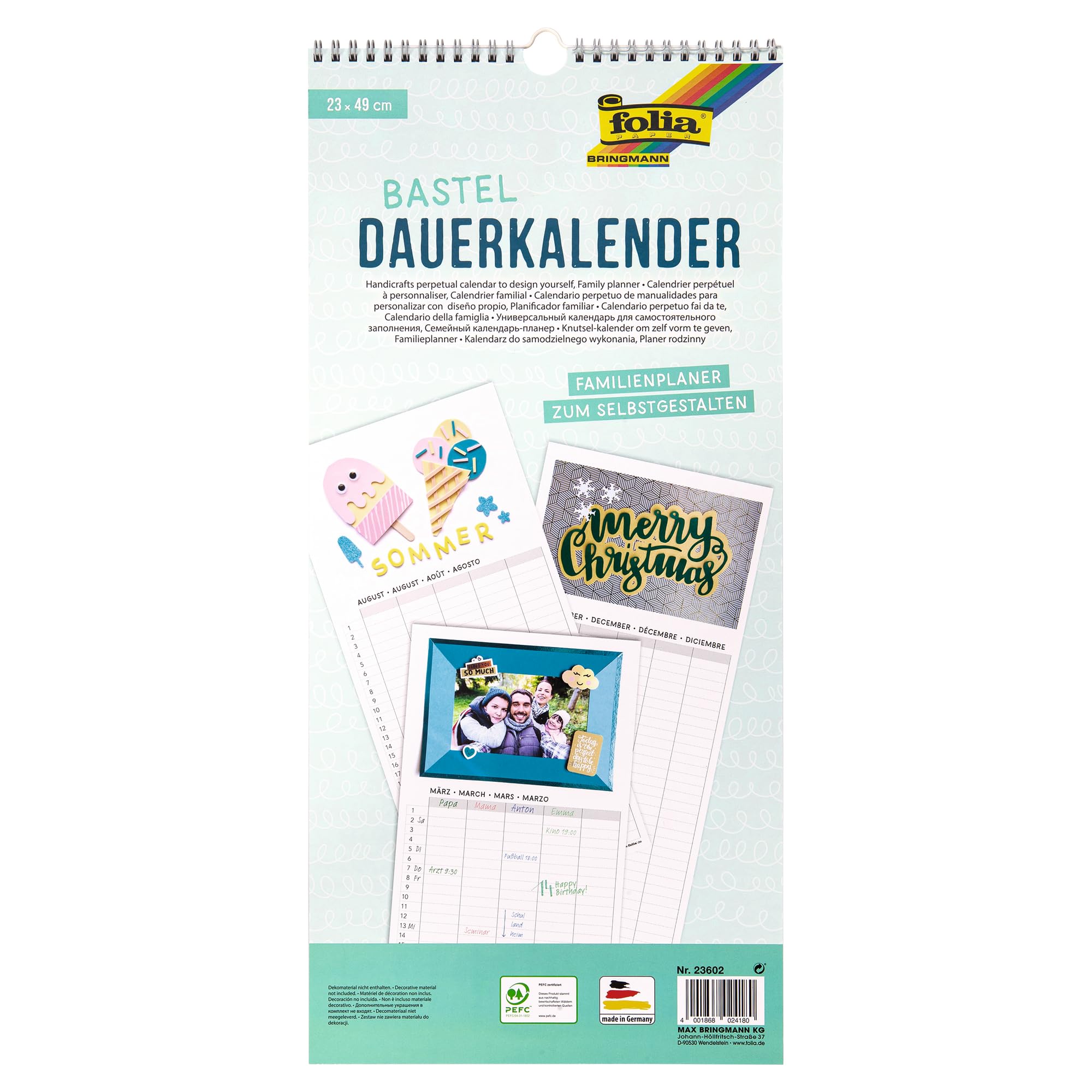 folia 23602 – Familienplaner zum Selbstgestalten, Spiralbindung, ca. 23 x 49 cm, weiß