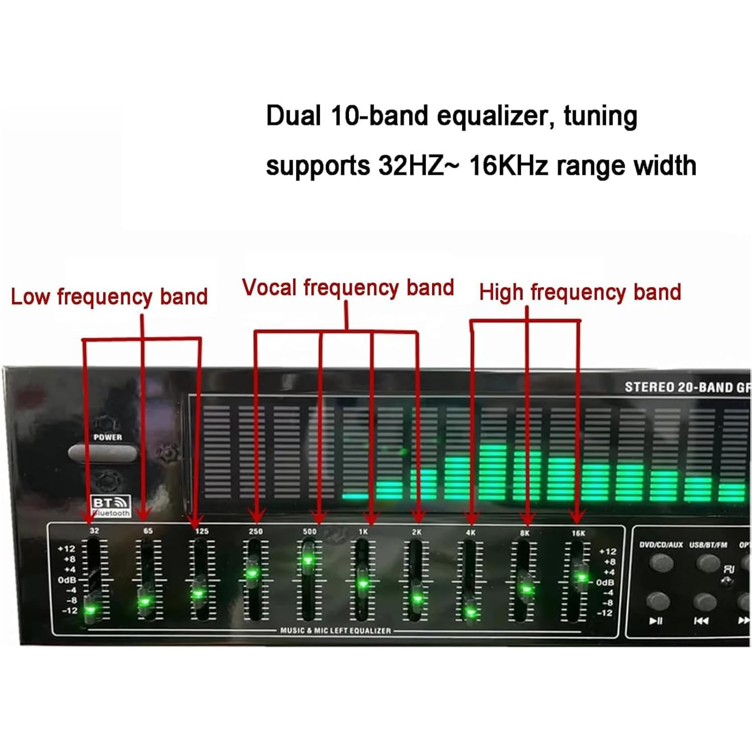 Professioneller EQ Grafic Equalizer, 31-Band Digital Equalizer, Stereo Graphic EQ, Musikspektrumanalysator mit Rauschreduktion, 12 Rhythmusmuster für das Aufnahmestudio