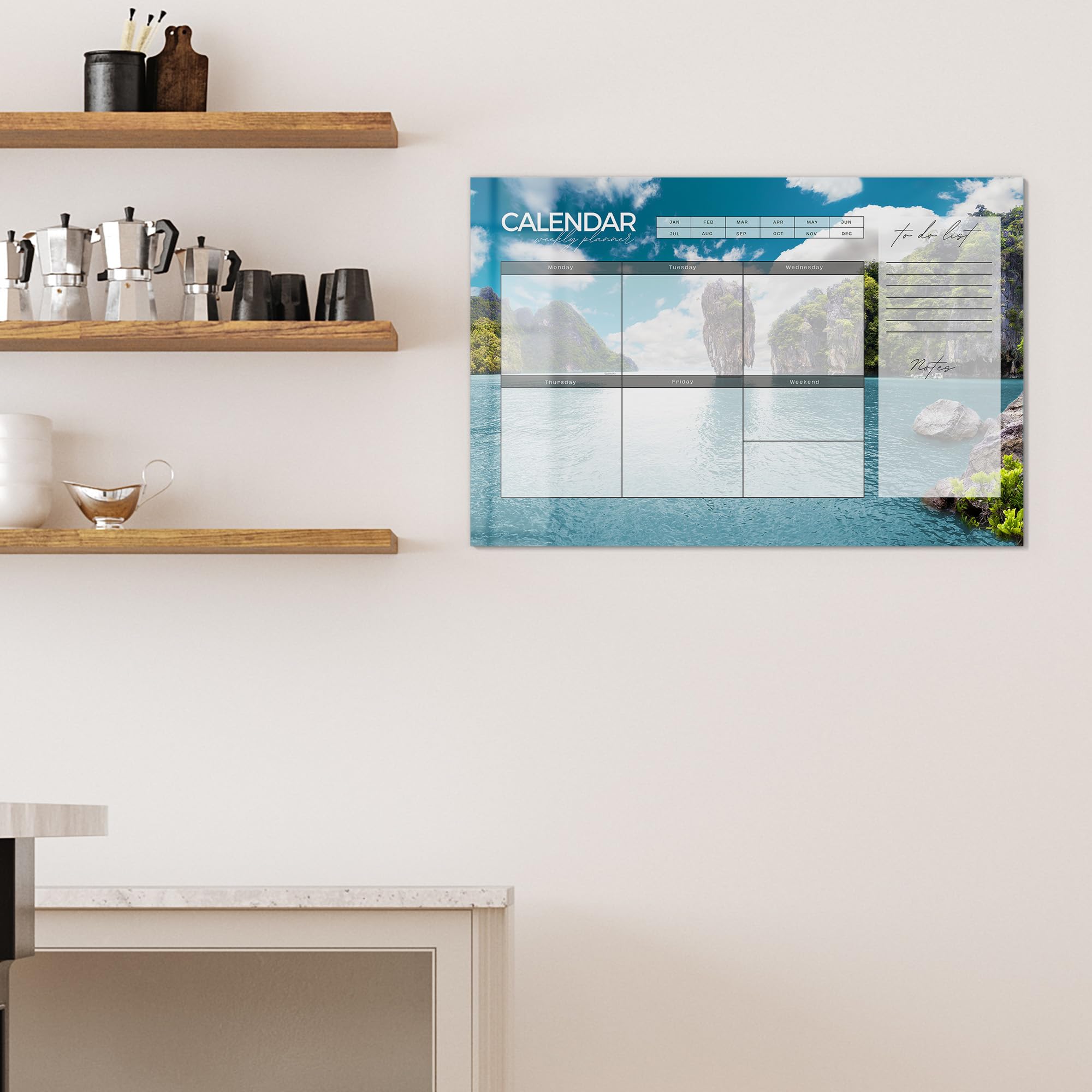 DEQORI Lavagna magnetica in vetro | 90 x 60 cm | motivo "Agenda settimanale Asia (EN)" | Lavagna memo in vetro | Lavagna magnetica con magneti, penna e panno per cucina e ufficio | Lavagna magnetica e