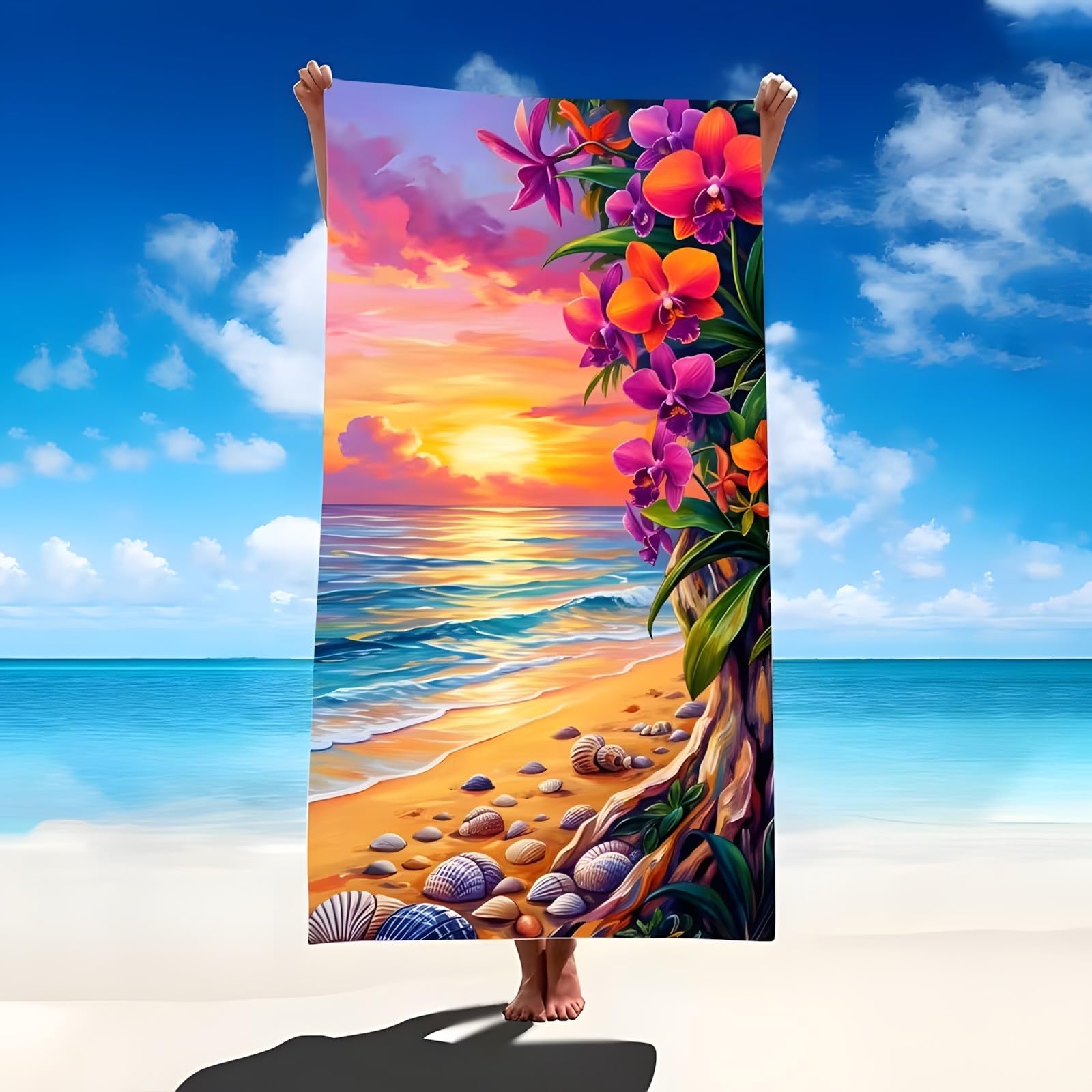 YZQGLHP Flowers Microfibre Beach Towel Beach Sunset Beach Bath Towel Quick Drying, Lightweight, Sand-Free, Durable, for Pool, Gym, Camping, Travel Towel 90x160cm