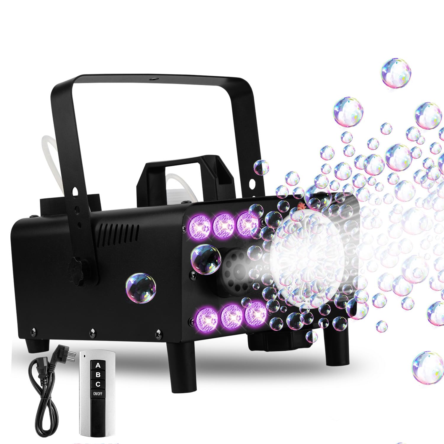 Macchina per bolle di fumo 3 in 1 con luci a LED e telecomando wireless, soffiatore per bolle, illuminazione RGB per feste, matrimoni, Halloween, Natale