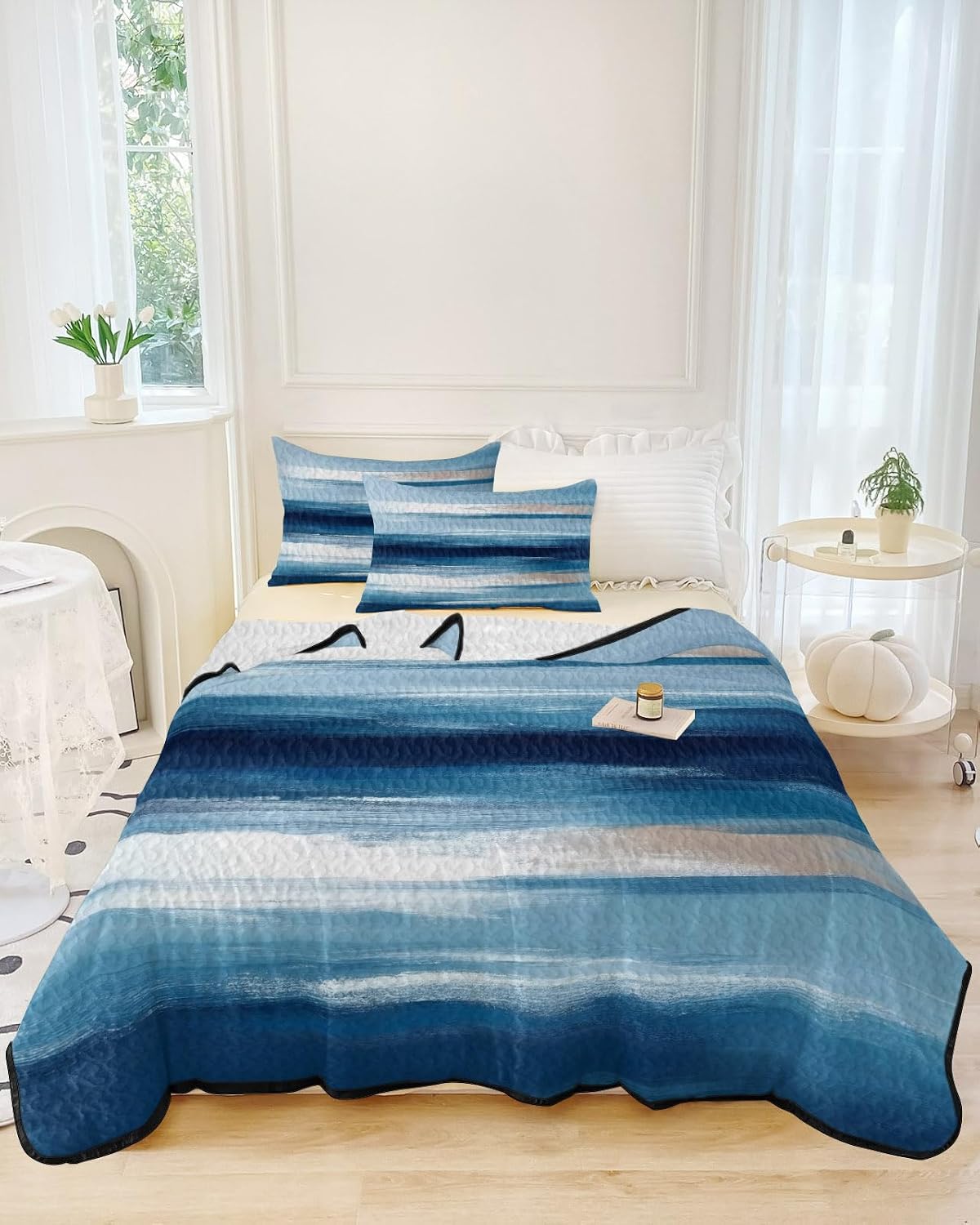King Size Quilt Set, Abstract Watercolor Blue Ripple Lightweight Bedspread Coverlet Set Soft Microfiber Summer Quilt with 2 Pillow Shams, Graffiti Colored 3 Piece Comforter Bedding Set