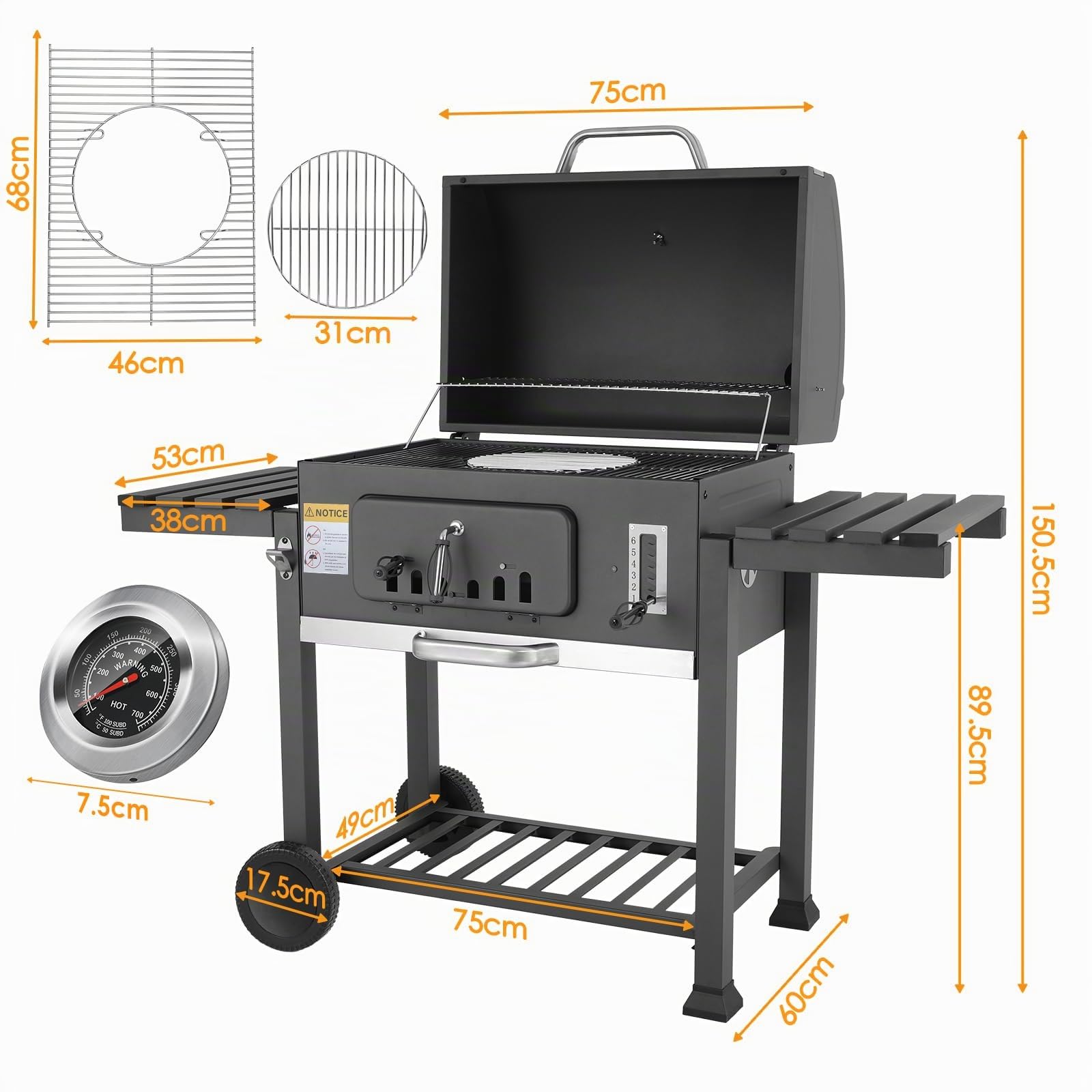 TLSUNNY Barbecue Carbonella, XXL Griglia per Barbecue con Coperchio, 2PCS Ruote, Camino, BBQ Carbonella in Giardino e all'aperto, Grande Capacità, Grigio, 152x136x60 cm, per 6-10 Persone