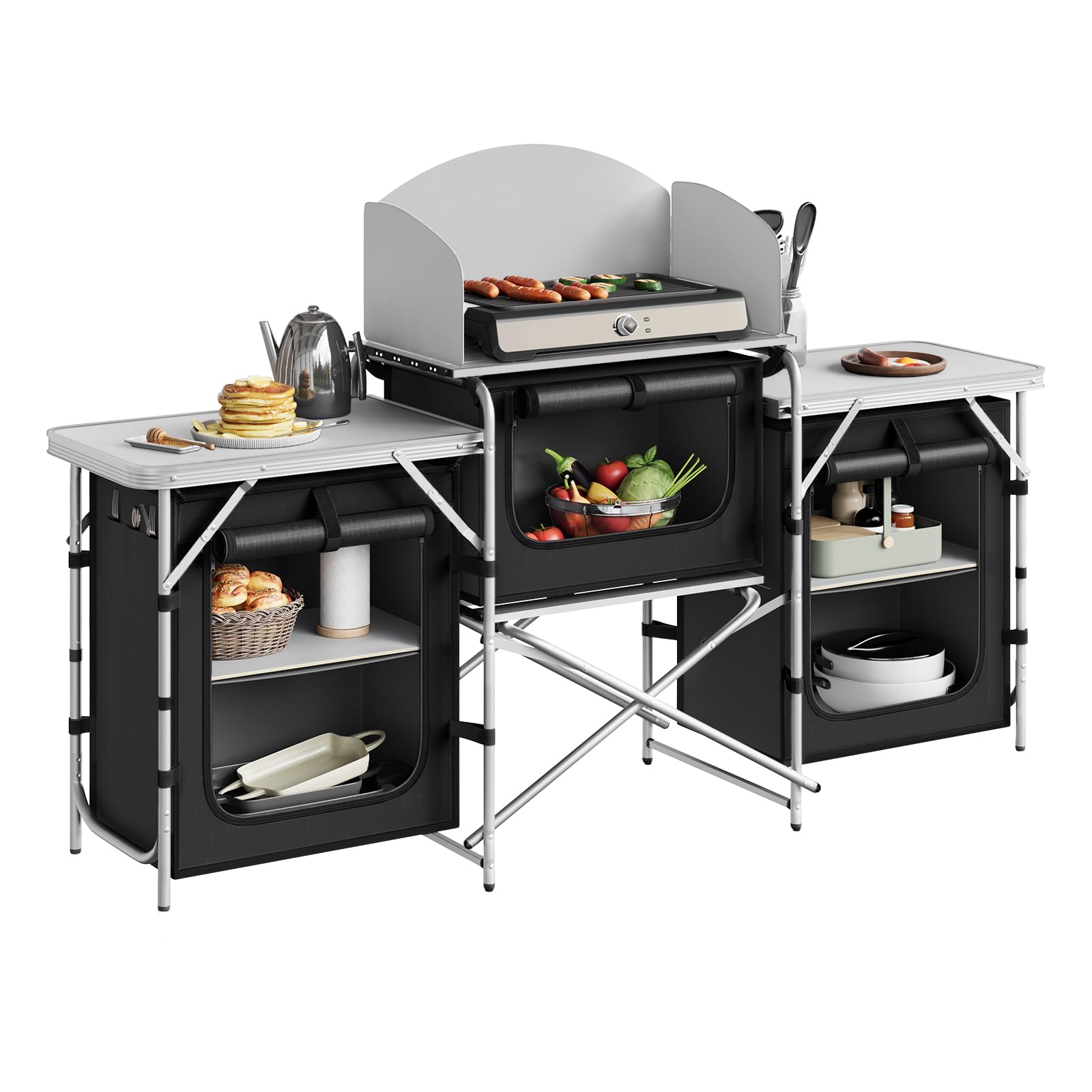 WOLTU Campingküche, Campingschrank faltbar, Outdoor Küche mit Arbeitsplatten Staufächern, Camping Tisch, Reiseküche, inkl. Tragtasche, Aluminium MDF, Schwarz