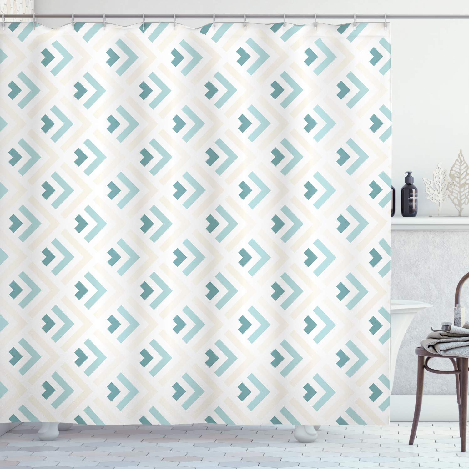ABAKUHAUS Abstract Shower Curtain, Arrows Pattern in Minimalist Symmetric Geometric Retro Design, Cloth Fabric Bathroom Decor Set with Hooks, 86 Inches Extra Long, Pale Peach Turquoise โ image 1