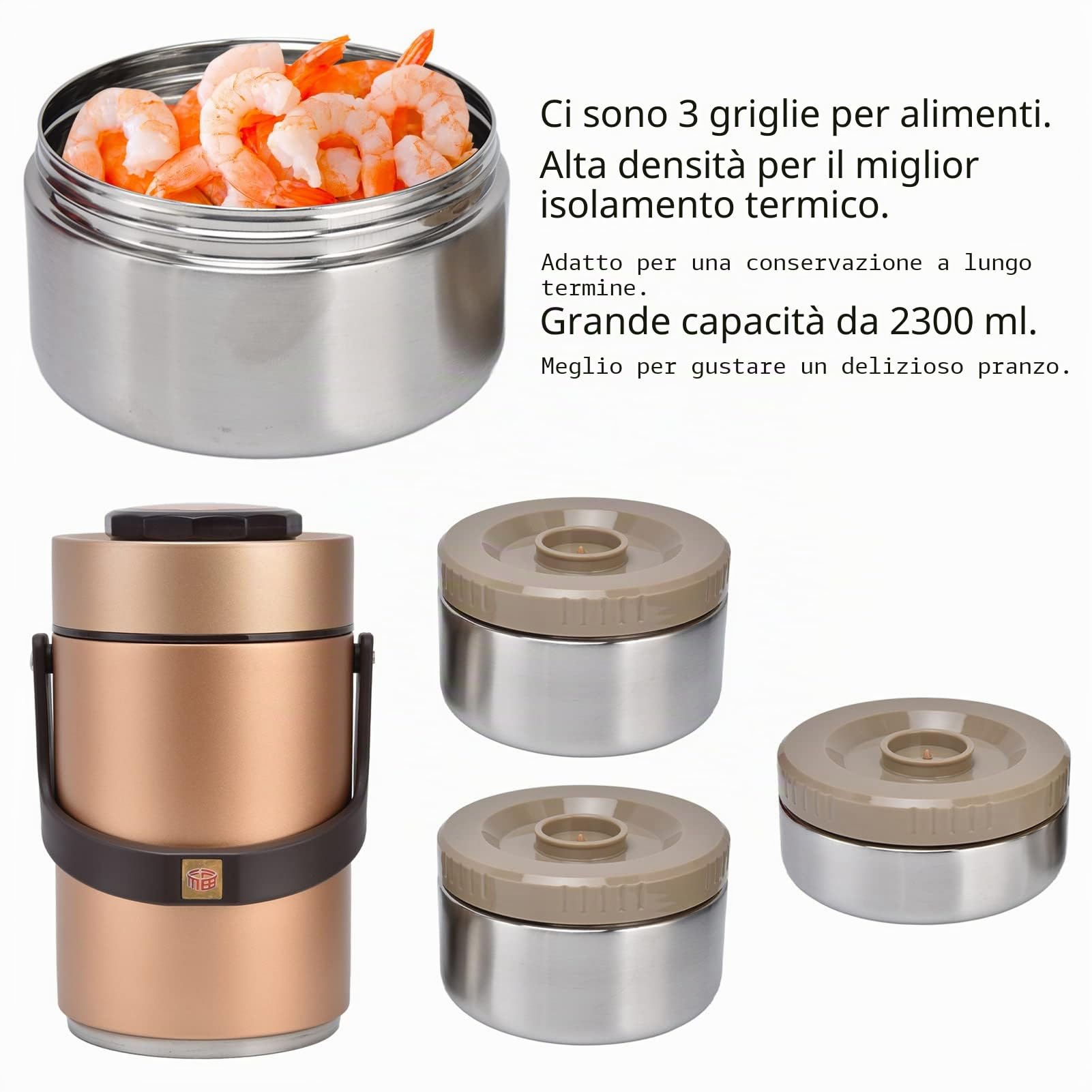 2,3L Contenitore per il pranzo in acciaio inossidabile con 3 strati, isolante a vuoto, contenitore per alimenti con chiusura ermetica per ufficio, viaggi, picnic, attività all'aperto (Oro)