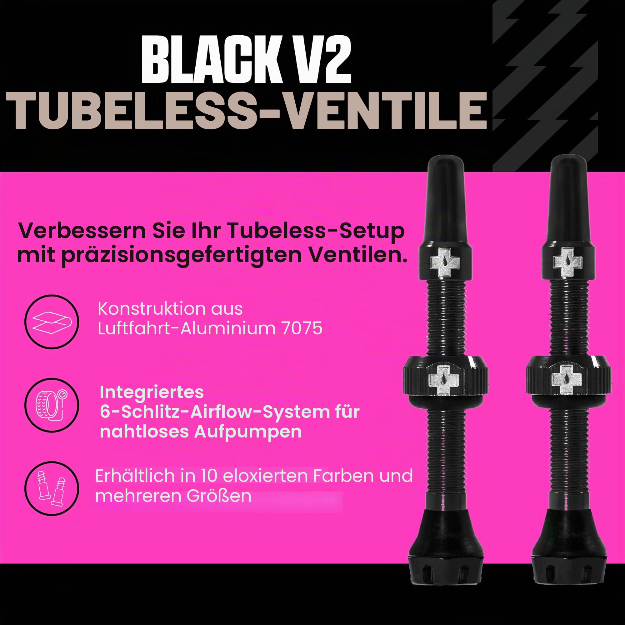Muc-Off Schwarze Presta Tubeless Ventile, 44 mm - Hochwertige Anti-Leck Fahrradventile mit integriertem Werkzeug zum Entfernen des Ventilkerns