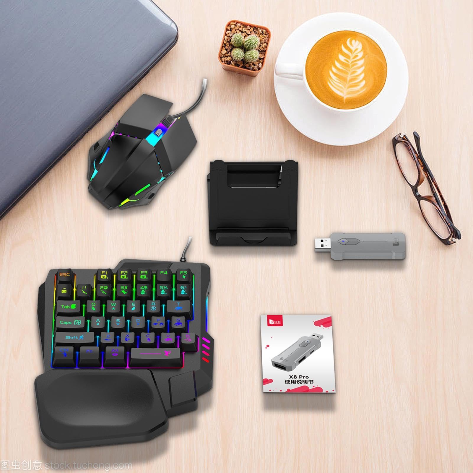 Juegos de convertidores de juegos para teléfono, teclado y mouse de juego de media mano de 35 teclas, convertidor de juegos móvil con retroiluminación LED RGB, adaptador de juego de media mano para un