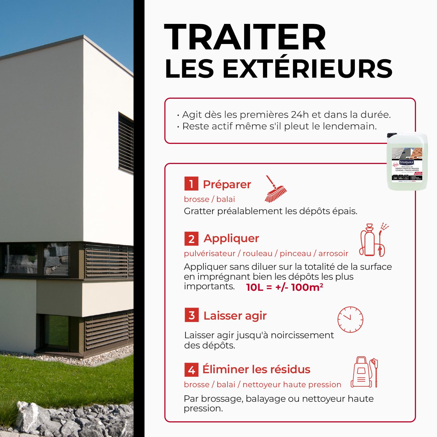 STARWAX Destructeur Tout en un de dépôts verts rouges lichens et traces noires 10L, prêt à l'emploi, toitures murs et sols extérieurs, algicide curatif et préventif, sans javel, rendement 10m²/L