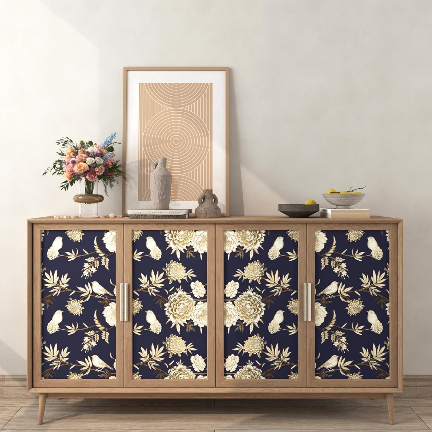 FunStick 17.5"x354" Dark Blue and Gold Wallpaper Peel and Stick Vintage Bird Floral Peel and Stick Wallpaper for Bedroom Living Room Self Adhesive Navy Blue Contact Paper for Cabinets Wall Decor Shelf